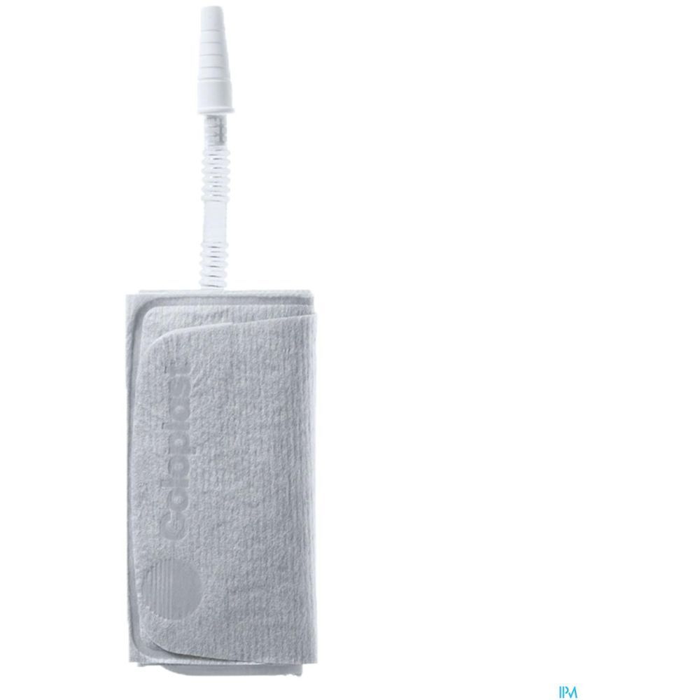 Poche à urine de jambe grise avec tube blanc. La poche est rectangulaire et porte le logo Coloplast.