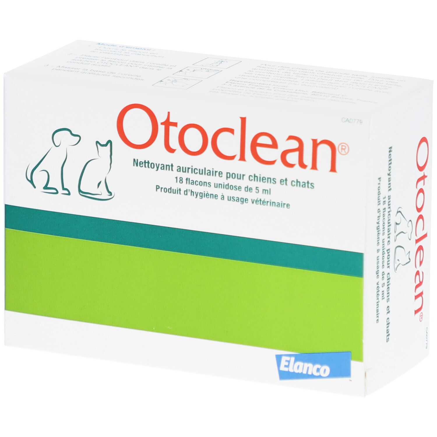 Witte doos met groene streep. Opschrift Otoclean, oorreiniger voor honden en katten. Elanco-logo.