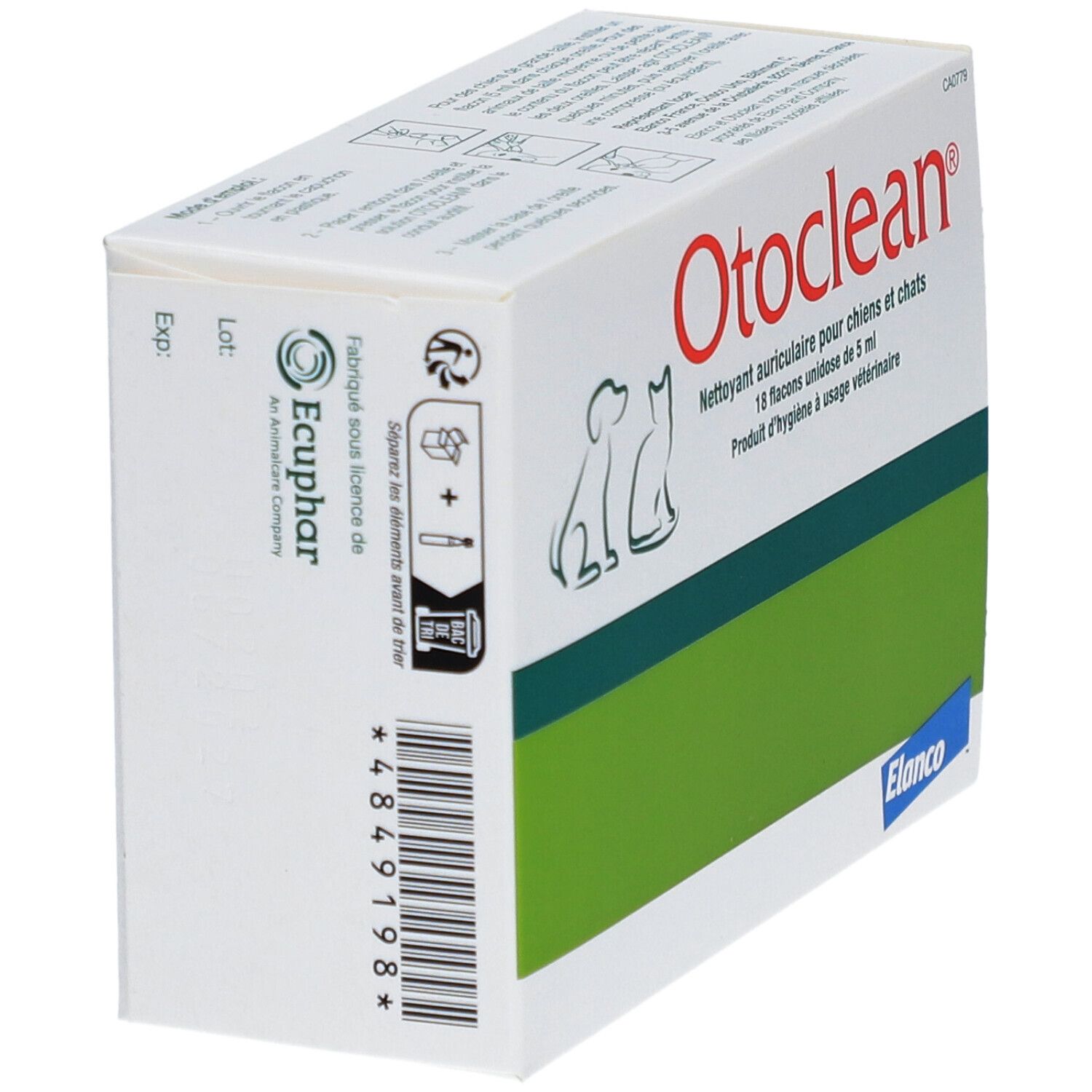Witte doos met groene streep. Opschrift Otoclean, oorreiniger voor honden en katten. Euphar-logo.