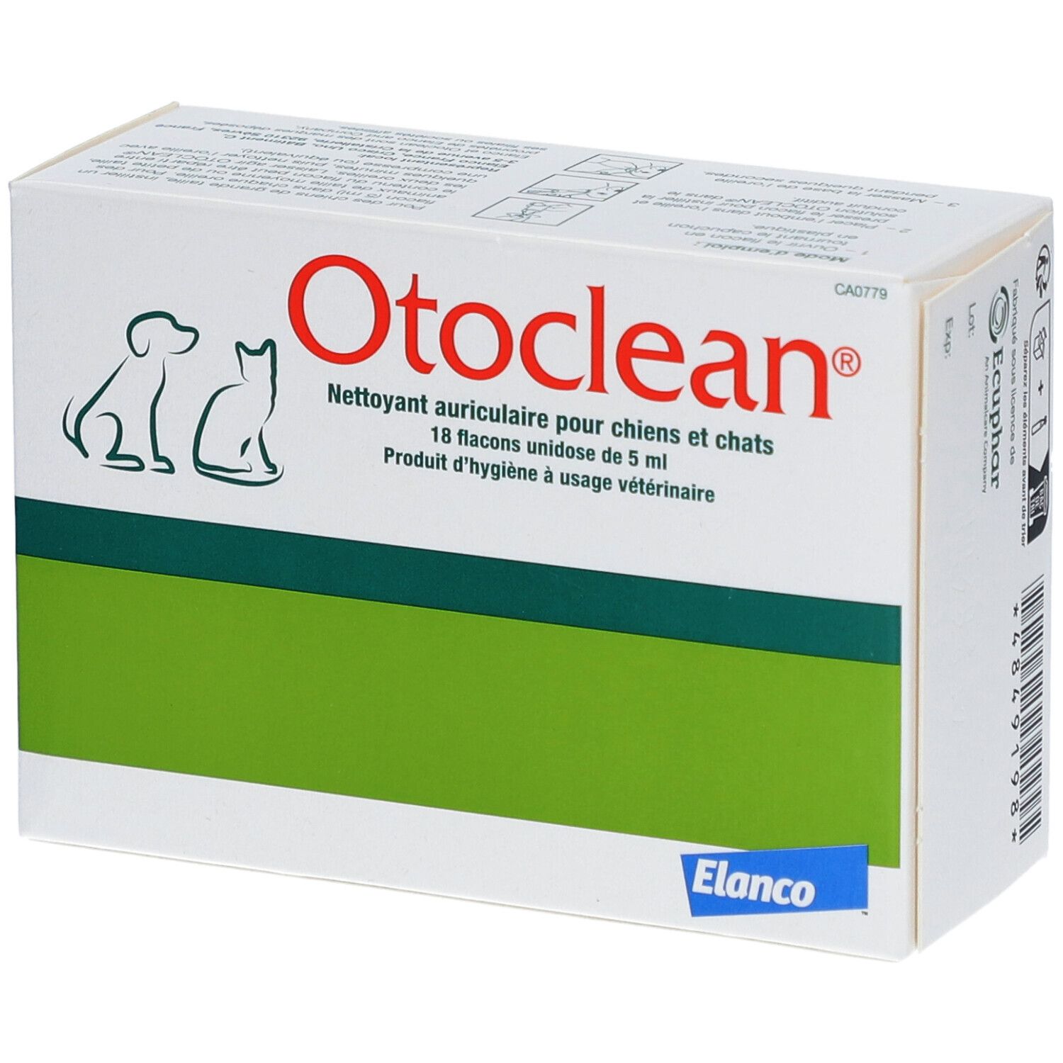 Witte doos met groene streep. Opschrift Otoclean, oorreiniger voor honden en katten. Elanco-logo.