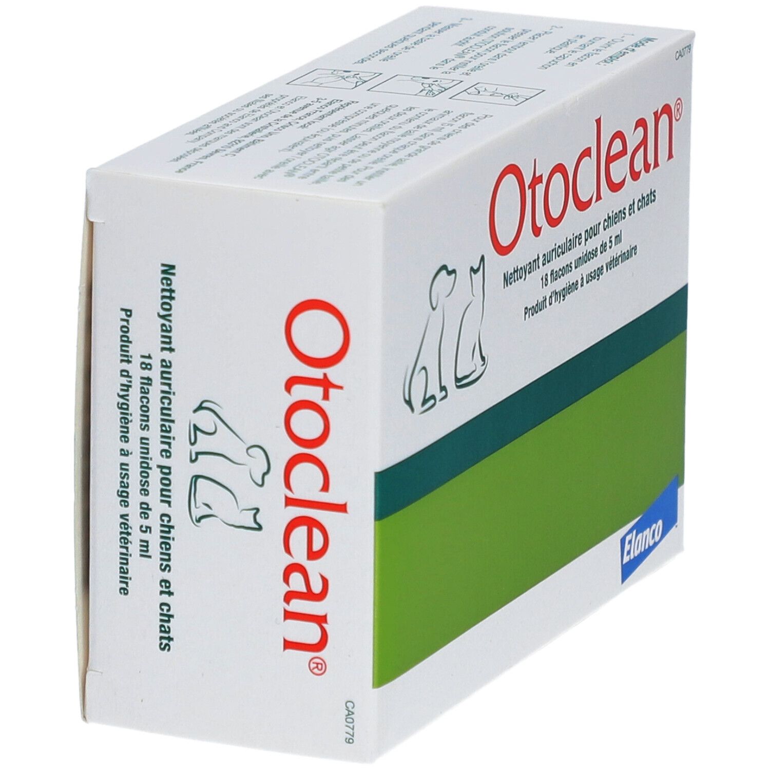 Witte doos met groene streep. Opschrift Otoclean, oorreiniger voor honden en katten. Elanco-logo.