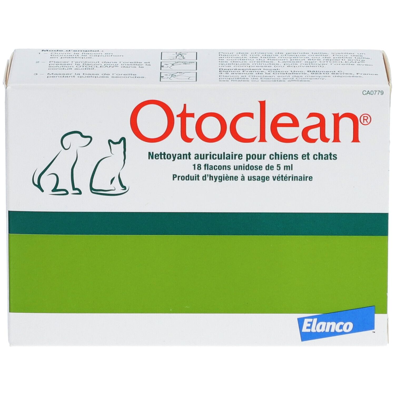 Witte doos met groene streep. Opschrift Otoclean, oorreiniger voor honden en katten. Elanco-logo.