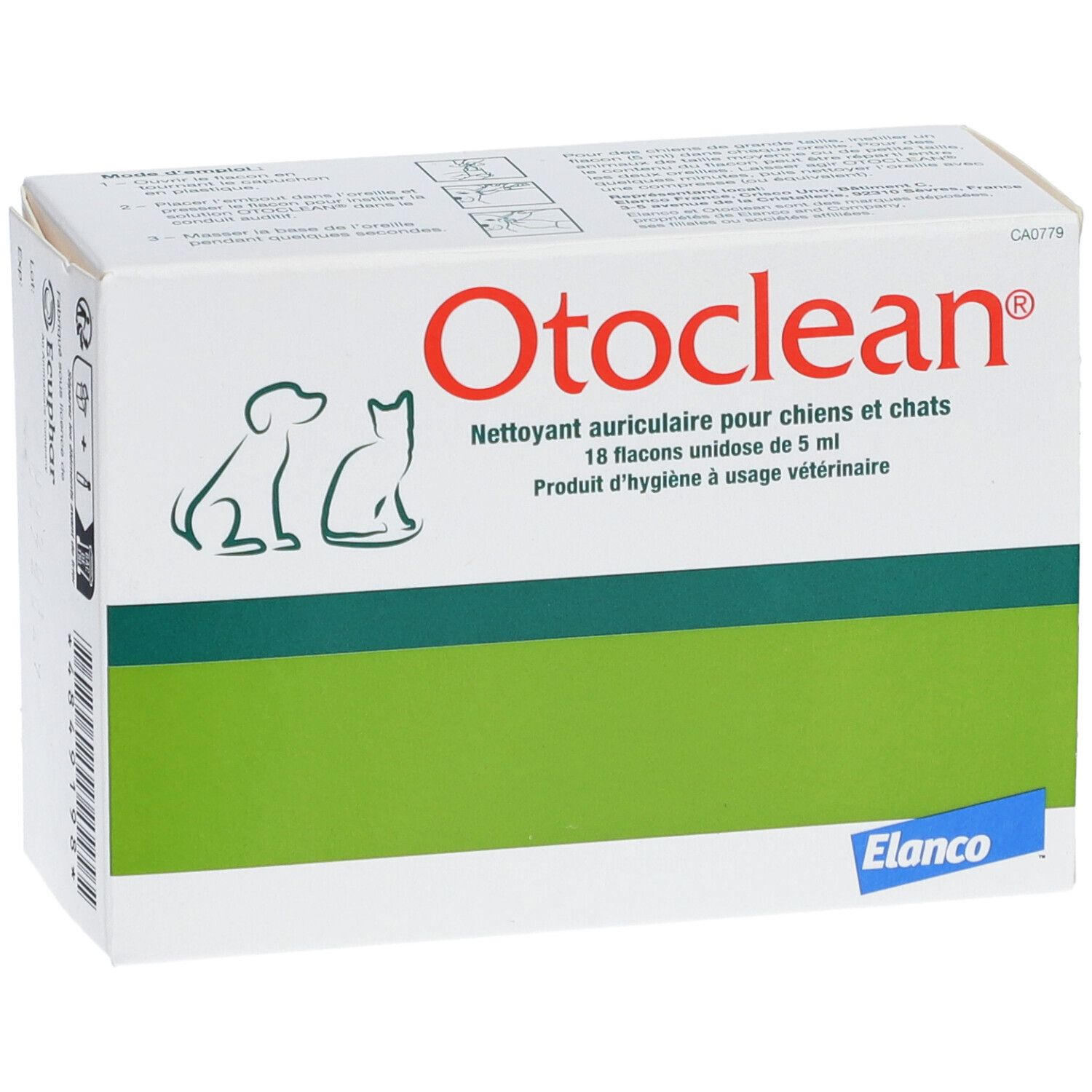 Witte doos met groene streep. Opschrift Otoclean, oorreiniger voor honden en katten. Elanco-logo.