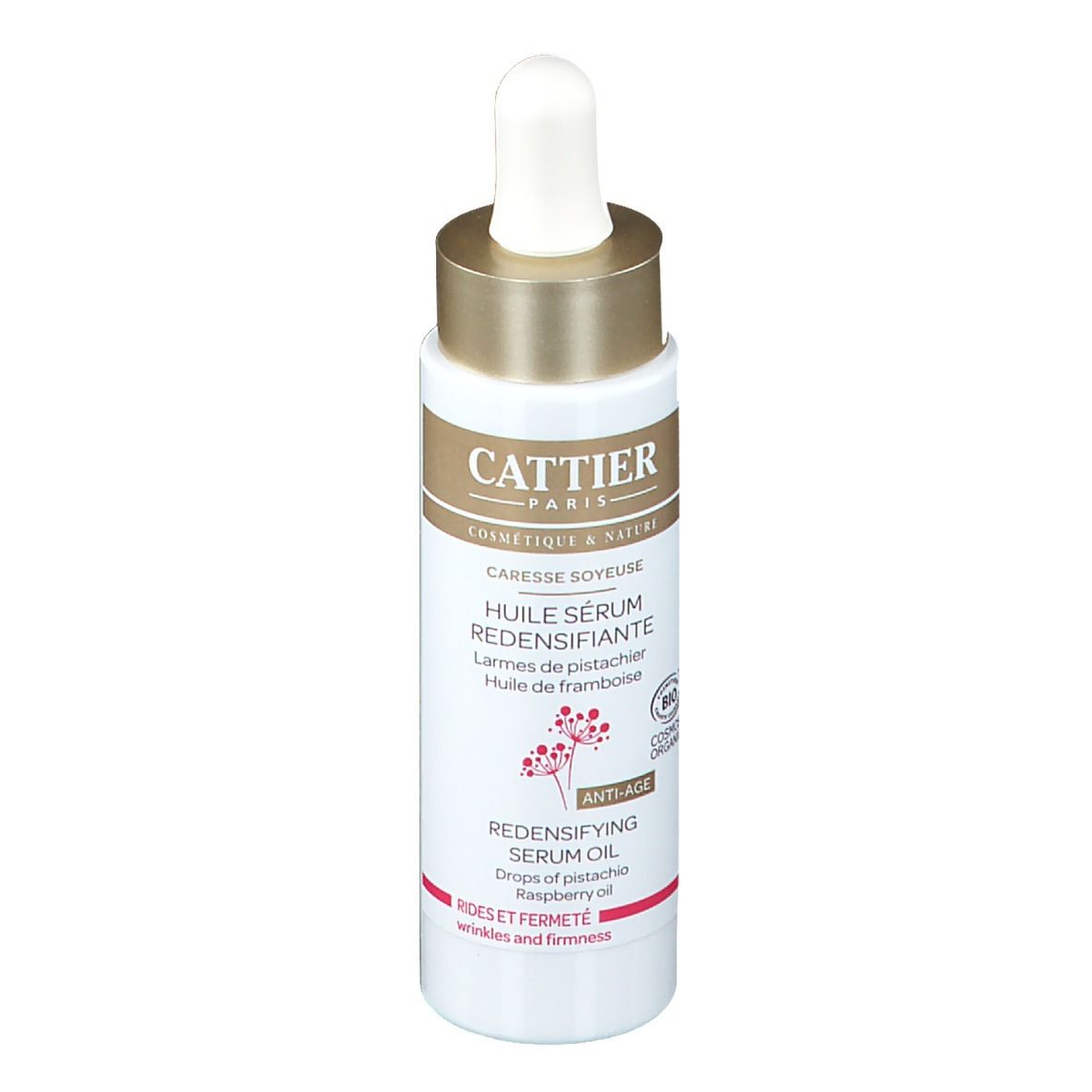 Serumolie fles met pipet. Wit etiket, gouden dop. Tekst: Cattier, HUILE SÉRUM REDENSIFIANTE, Anti-Age.