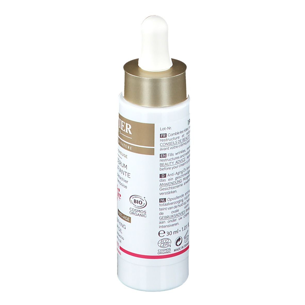 Achterkant van de serumoliefles. Wit etiket met tekst en certificeringen. Gouden dop. Bevat 30 ml.