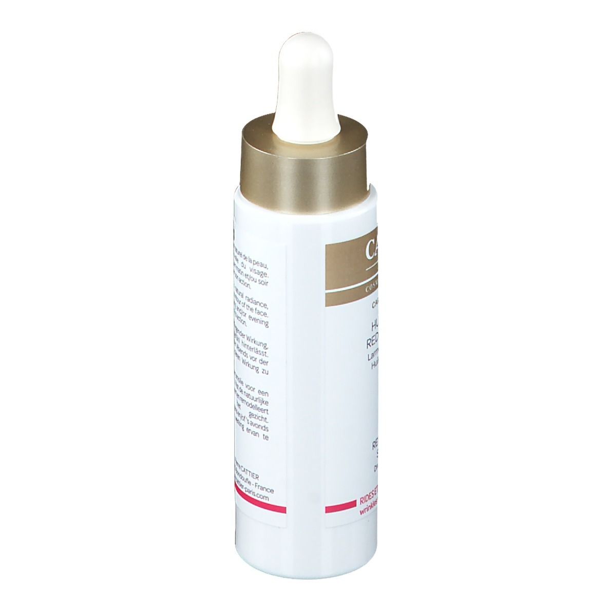 Zijaanzicht van de serumoliefles. Wit etiket met tekst. Gouden dop. Bevat 30 ml.