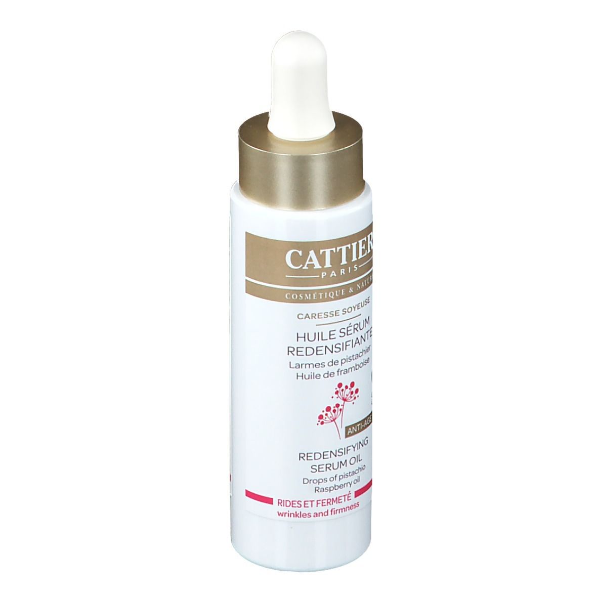 Serumolie fles met pipet. Wit etiket, gouden dop. Tekst: Cattier, HUILE SÉRUM REDENSIFIANTE, Anti-Age.