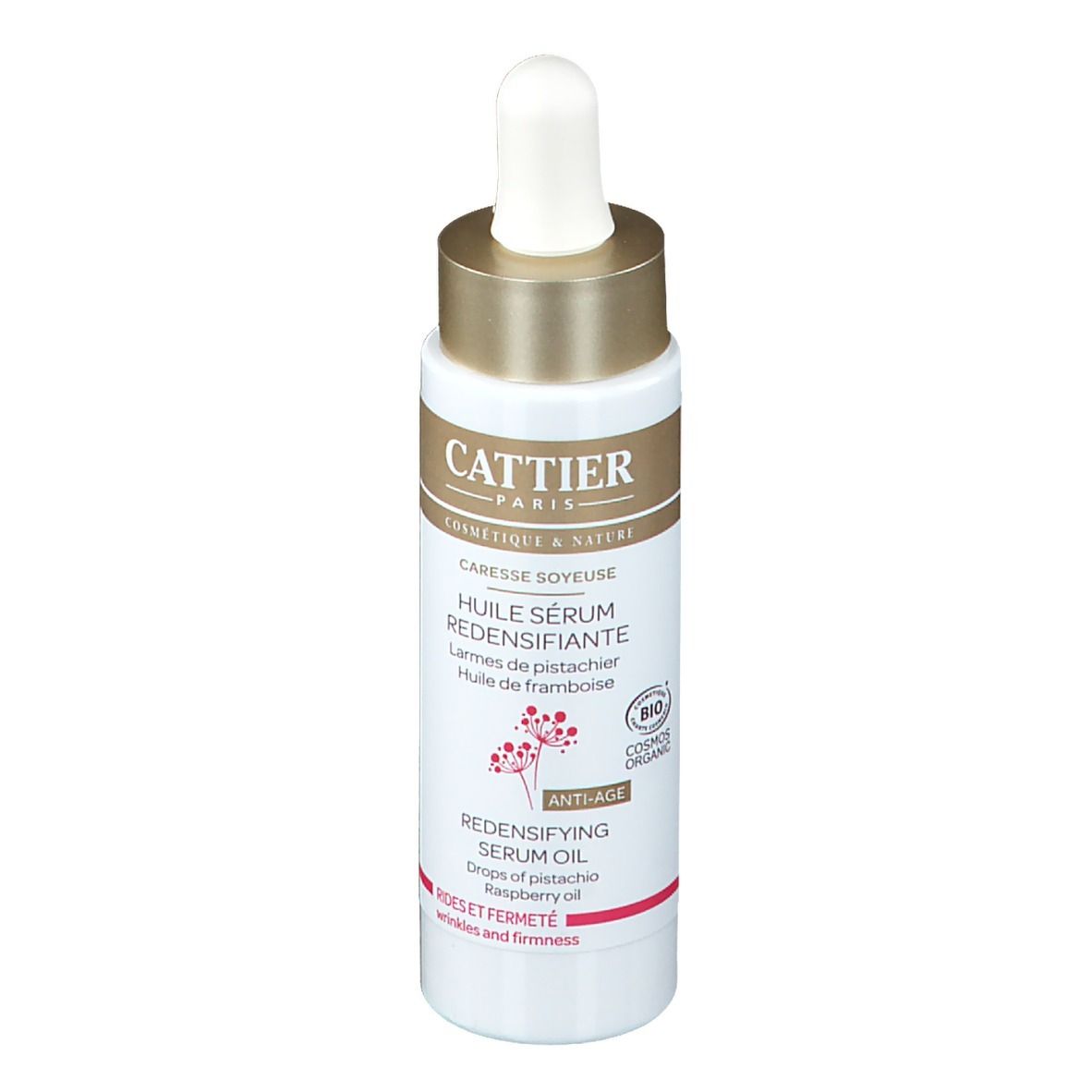 Serumolie fles met pipet. Wit etiket, gouden dop. Tekst: Cattier, HUILE SÉRUM REDENSIFIANTE, Anti-Age.