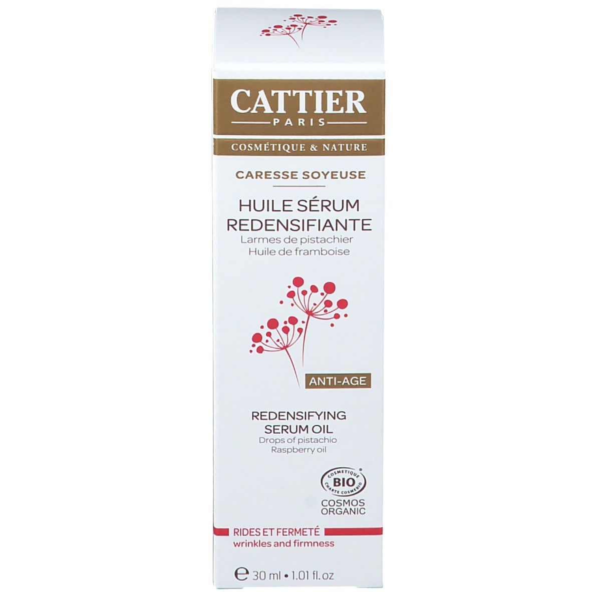 Verpakking van de serumolie. Wit, met tekst en logo. Bevat 30 ml. Tekst: Cattier, HUILE SÉRUM REDENSIFIANTE, Anti-Age.
