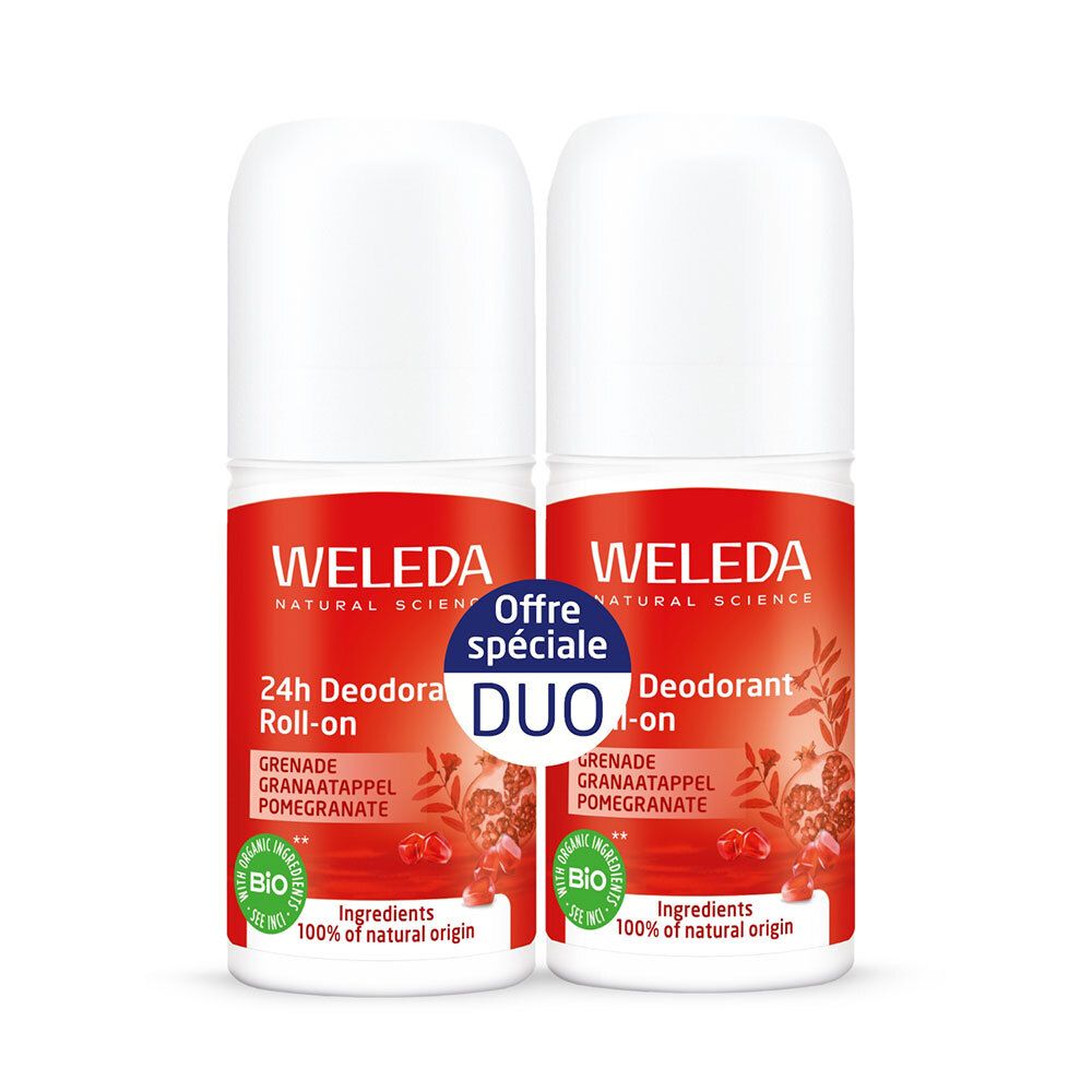 Twee roll-on deodorants. Rode en witte flessen met WELEDA, 24h Deodorant, Granaatappel. Duo-verpakking.