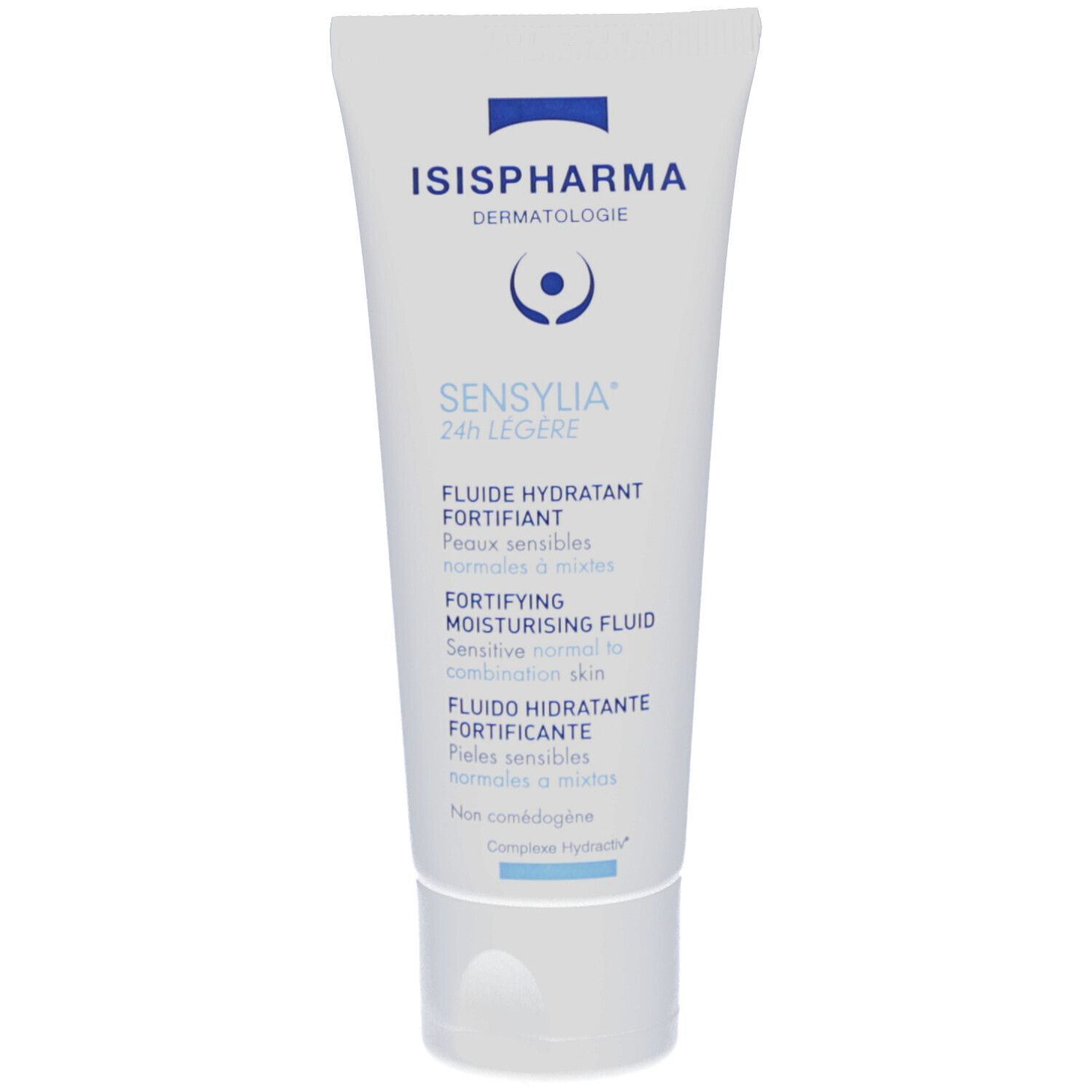 Witte tube met blauwe tekst. Bevat ISISPHARMA Dermatologie Sensylia 24 h Légère. Tekst in het Frans en Engels.