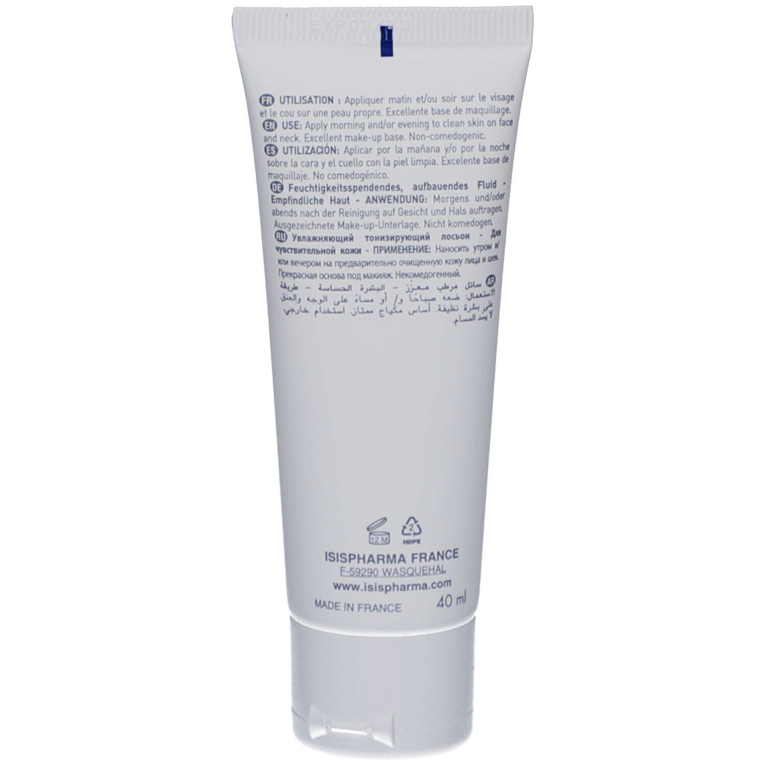 Achterkant van een witte tube. Bevat tekst in meerdere talen, waaronder Duits, Frans, Italiaans en Engels. 40 ml.