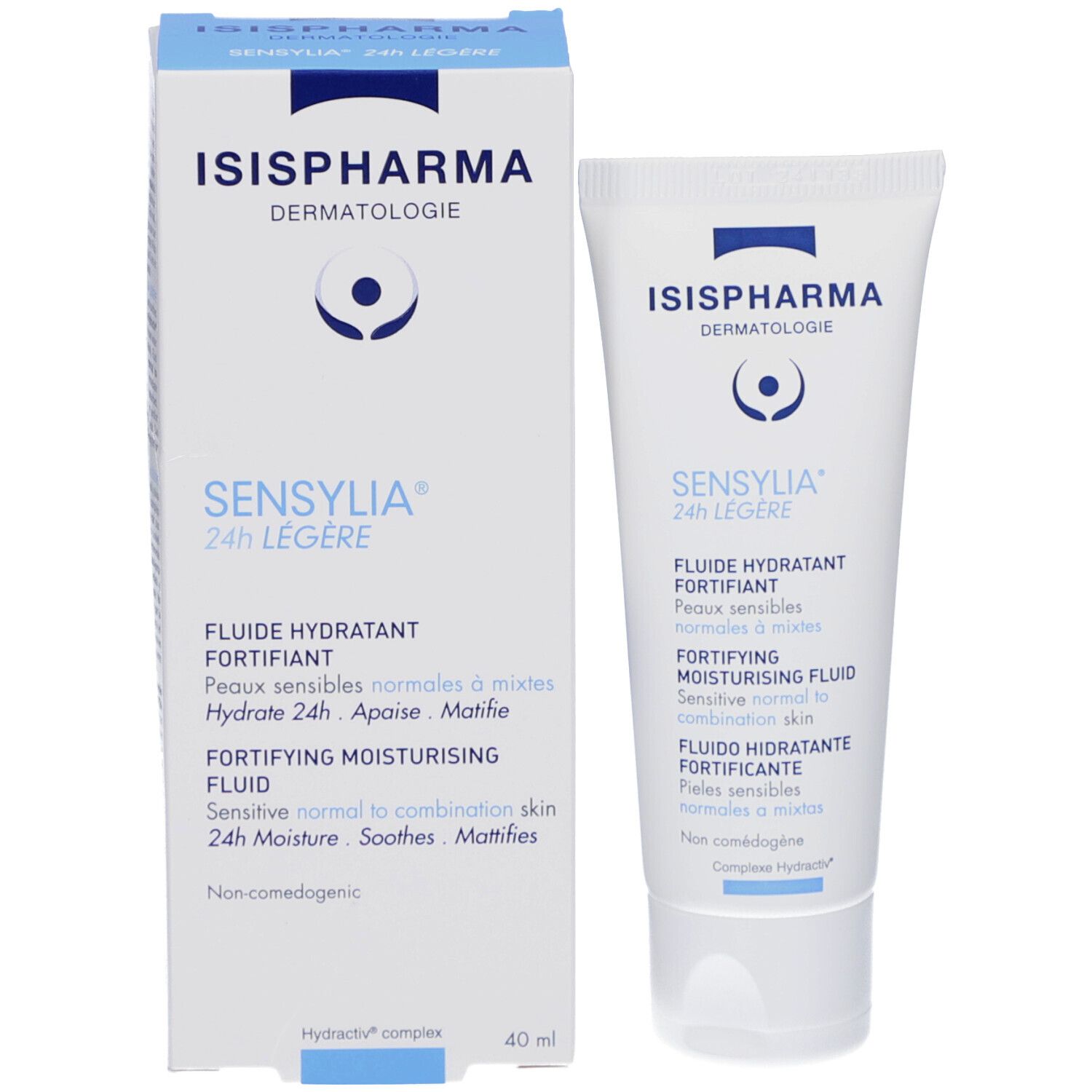 Productverpakking met tube. Bevat ISISPHARMA Sensylia 24 h Légère. Witte tube en doos met blauwe tekst. 40 ml.