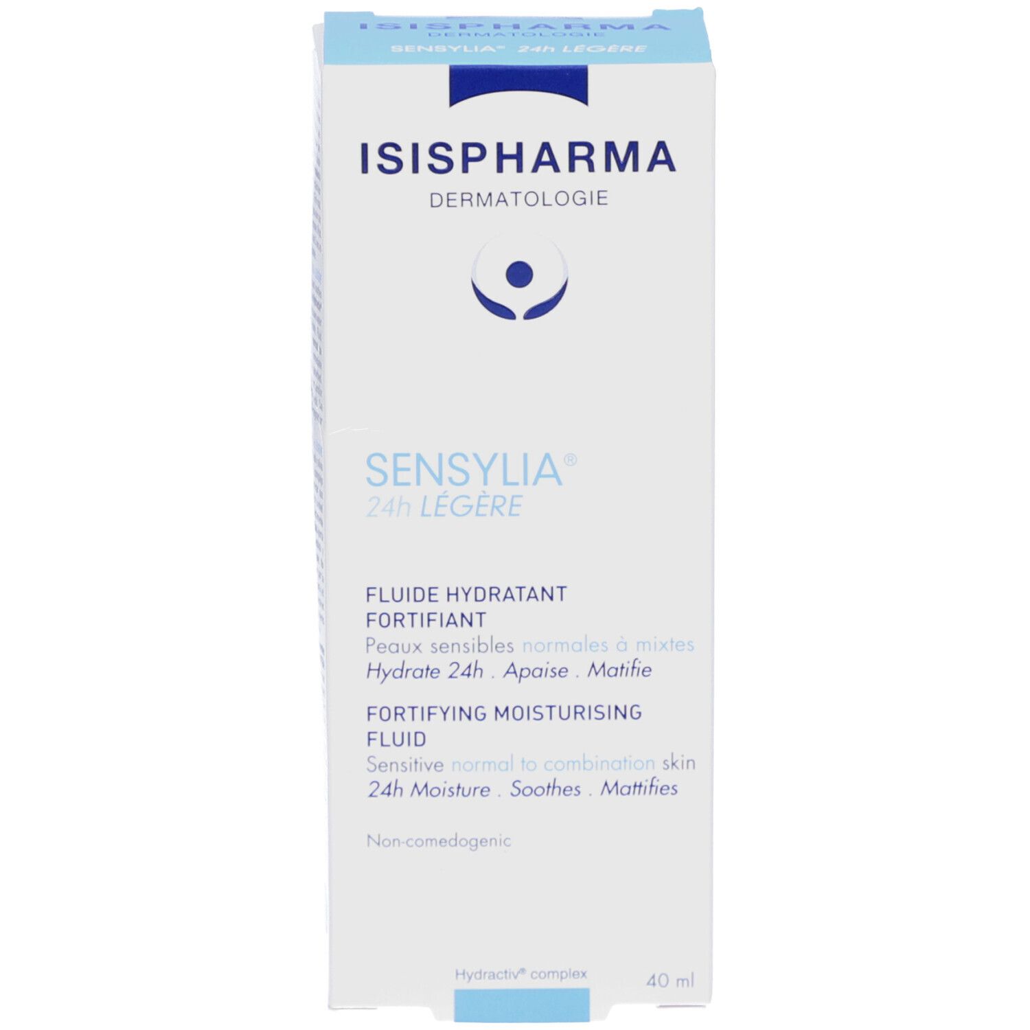 Productverpakking met blauwe en witte tekst. Bevat ISISPHARMA Sensylia 24 h Légère. Tekst in het Frans en Engels.