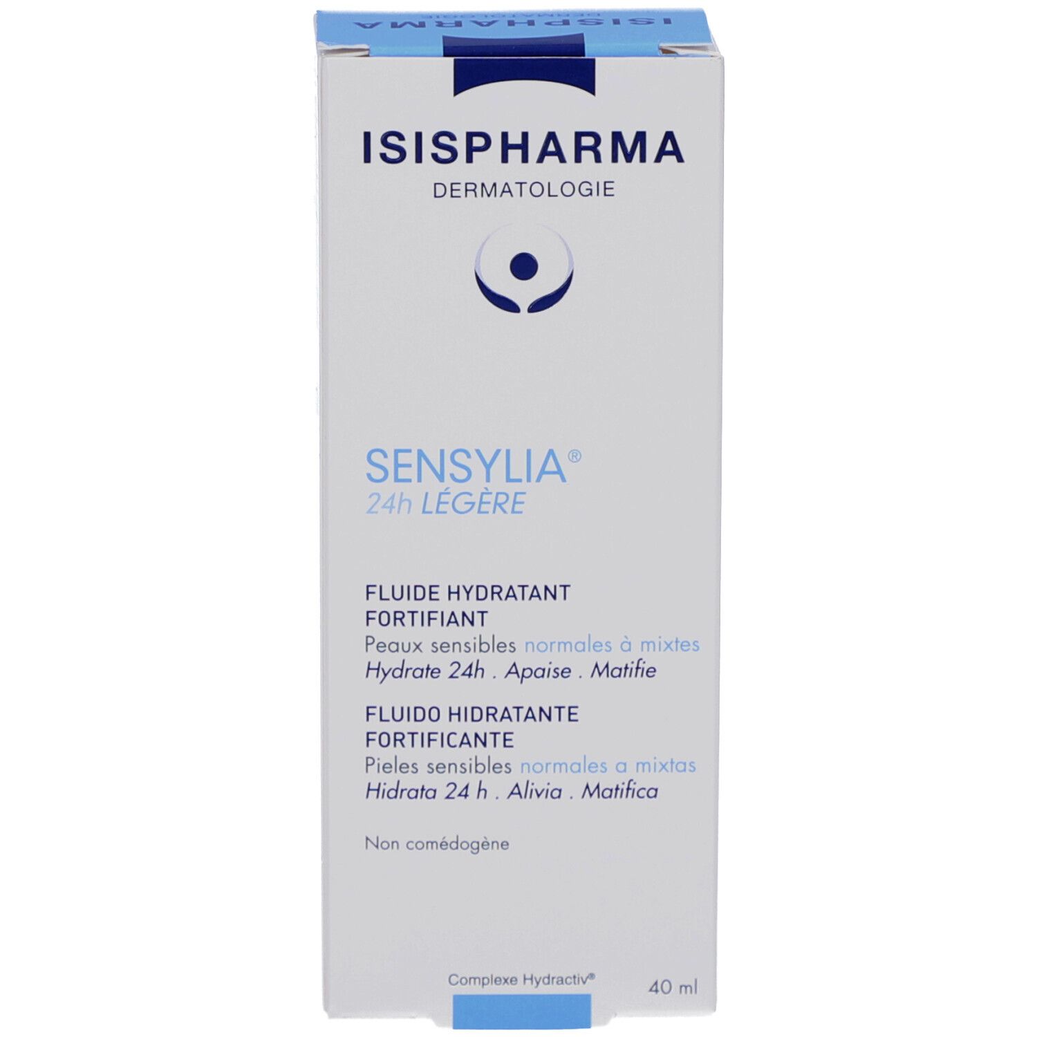 Productverpakking met blauwe en witte tekst. Bevat ISISPHARMA Sensylia 24 h Légère. Tekst in het Frans en Engels.