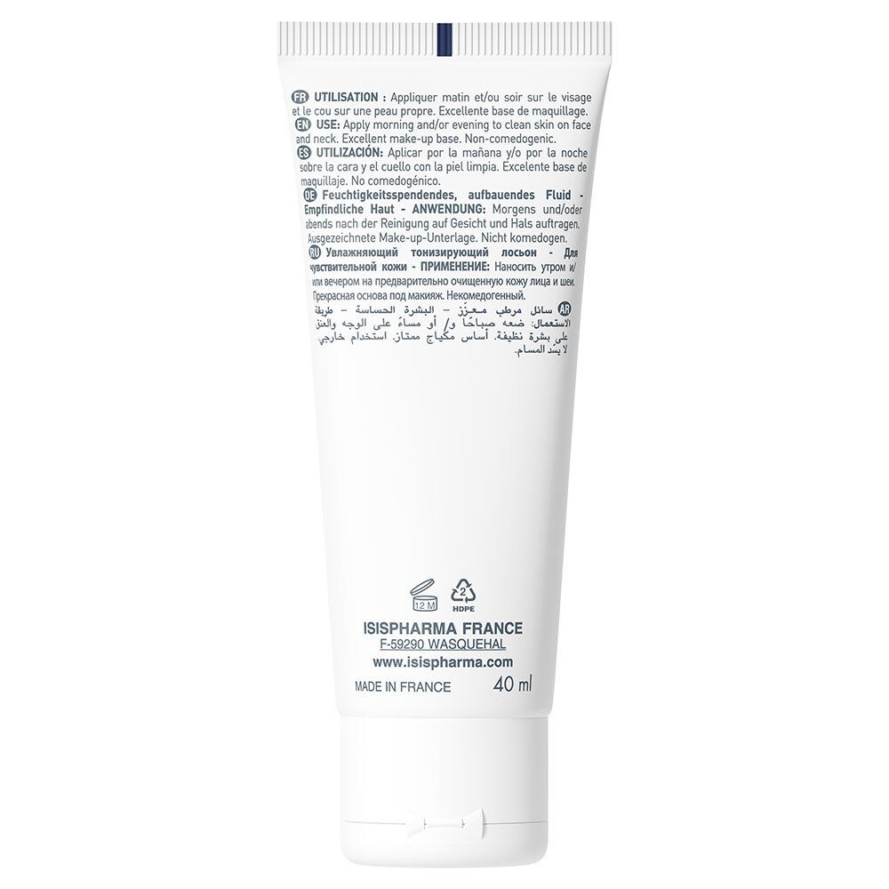 Achterkant van een witte tube. Bevat tekst in meerdere talen, waaronder Duits, Frans, Italiaans en Engels. 40 ml.