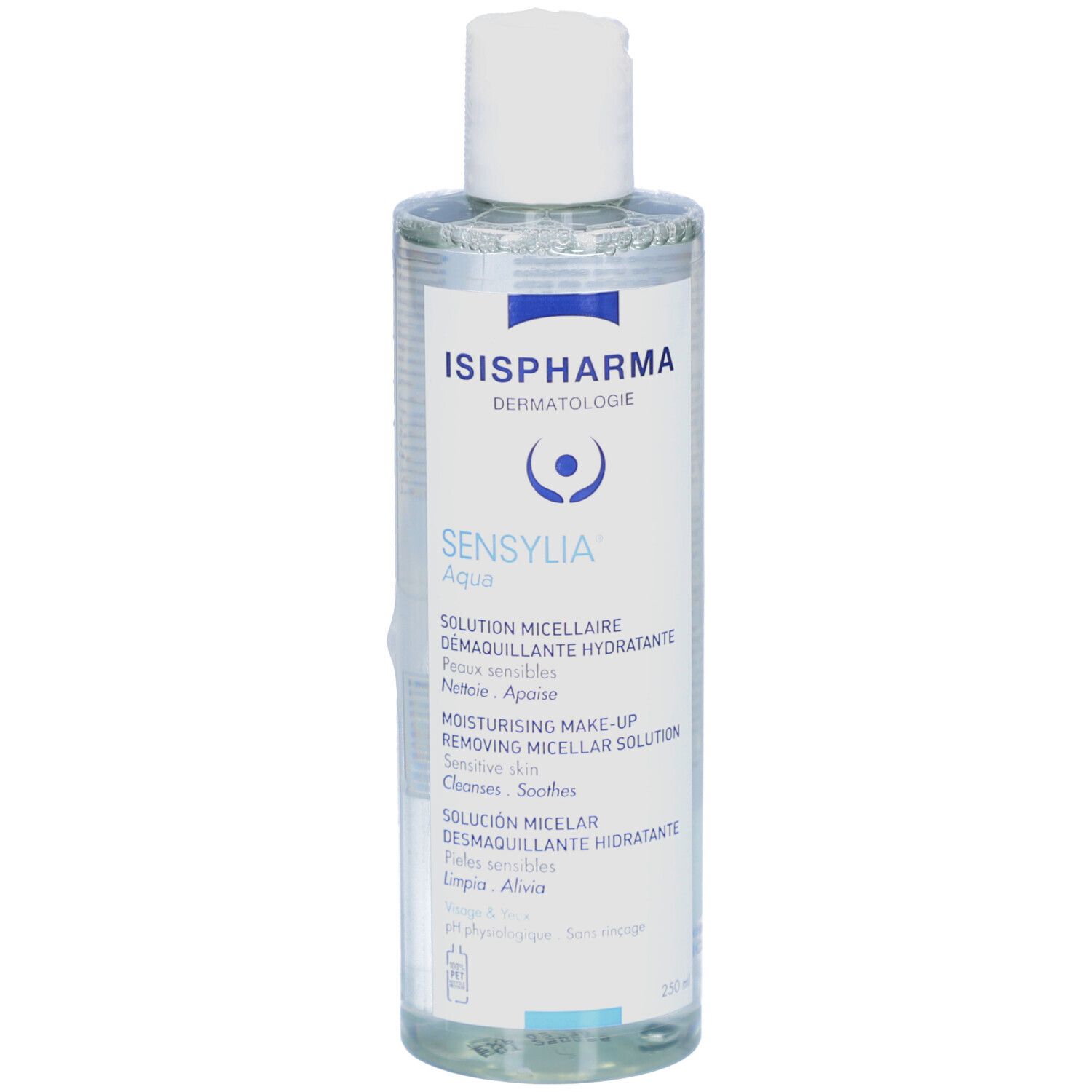 Transparante fles met witte dop. Opschrift: ISISPHARMA Sensylia Aqua. Productbeschrijving in meerdere talen.