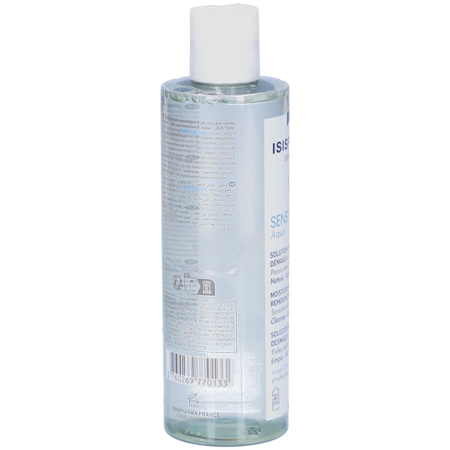 Achterkant van een transparante fles. Tekst in meerdere talen. Streepjescode en QR-code.