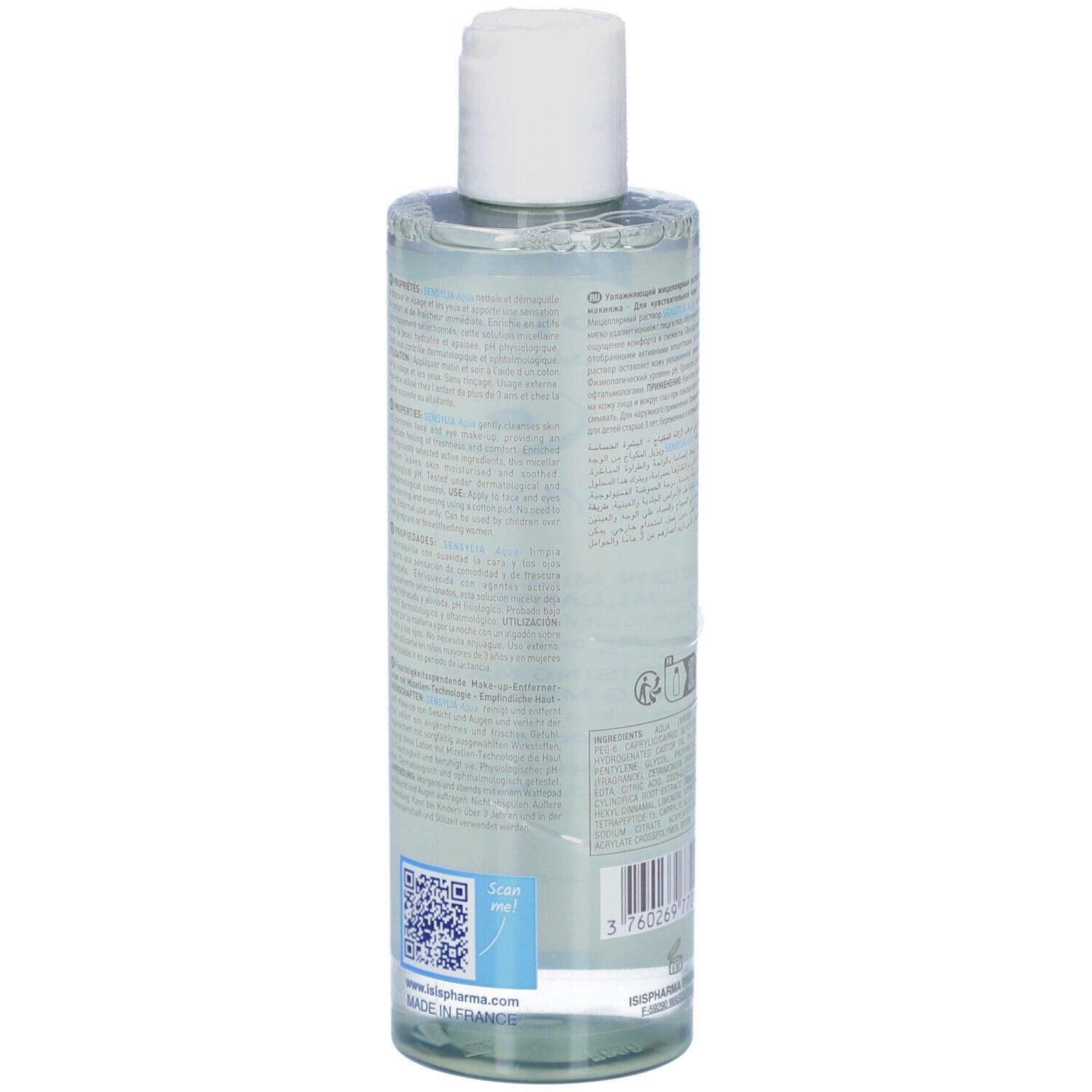 Achterkant van een transparante fles. Tekst in meerdere talen. Streepjescode en QR-code.