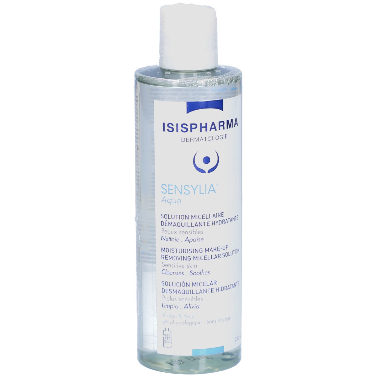 Transparante fles met witte dop. Opschrift: ISISPHARMA Sensylia Aqua. Productbeschrijving in meerdere talen.