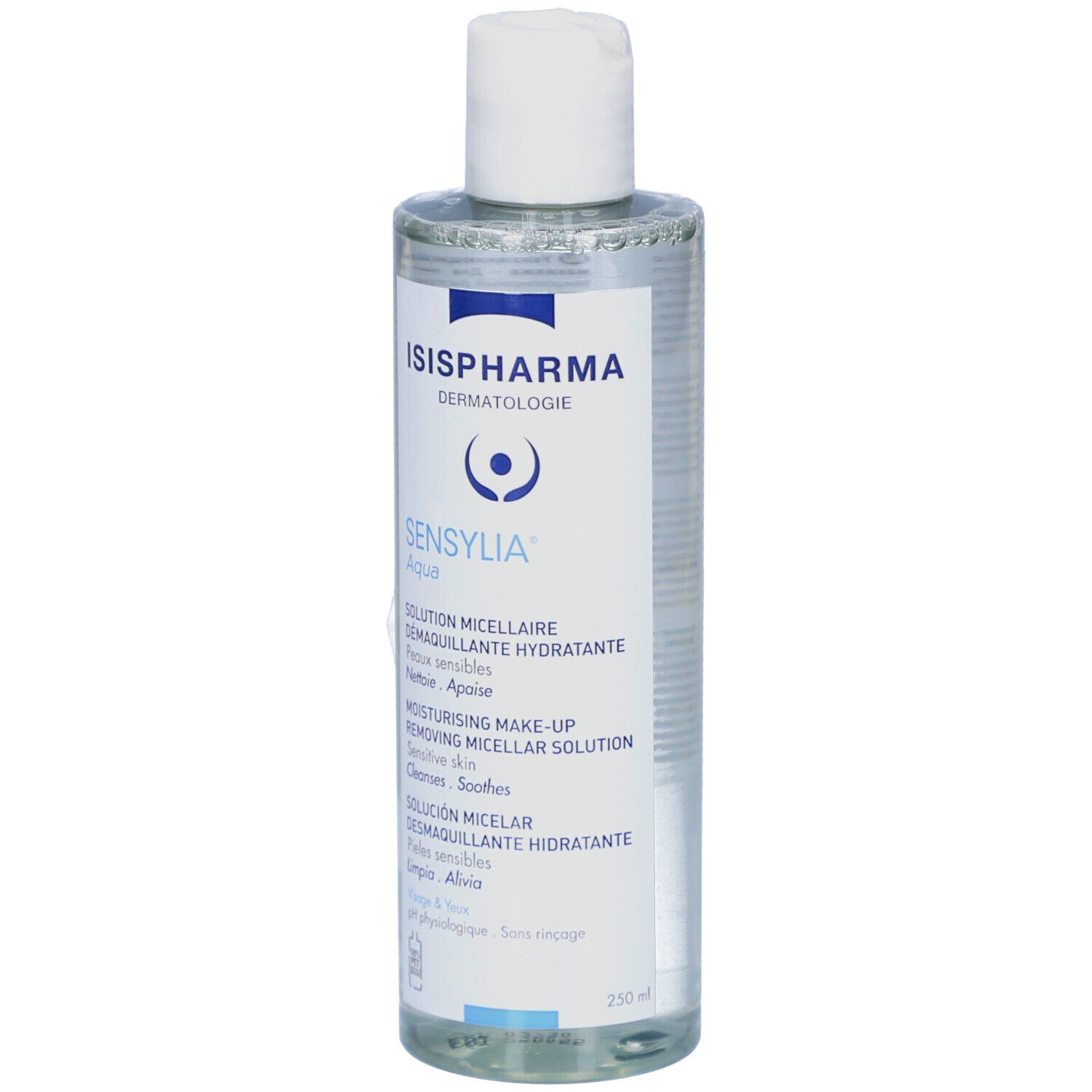 Transparante fles met witte dop. Opschrift: ISISPHARMA Sensylia Aqua. Productbeschrijving in meerdere talen.