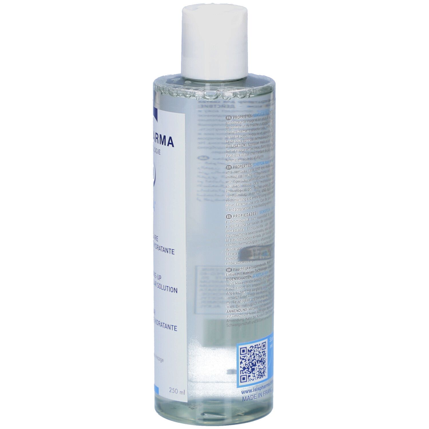 Achterkant van een transparante fles. Tekst in meerdere talen. Streepjescode en QR-code.