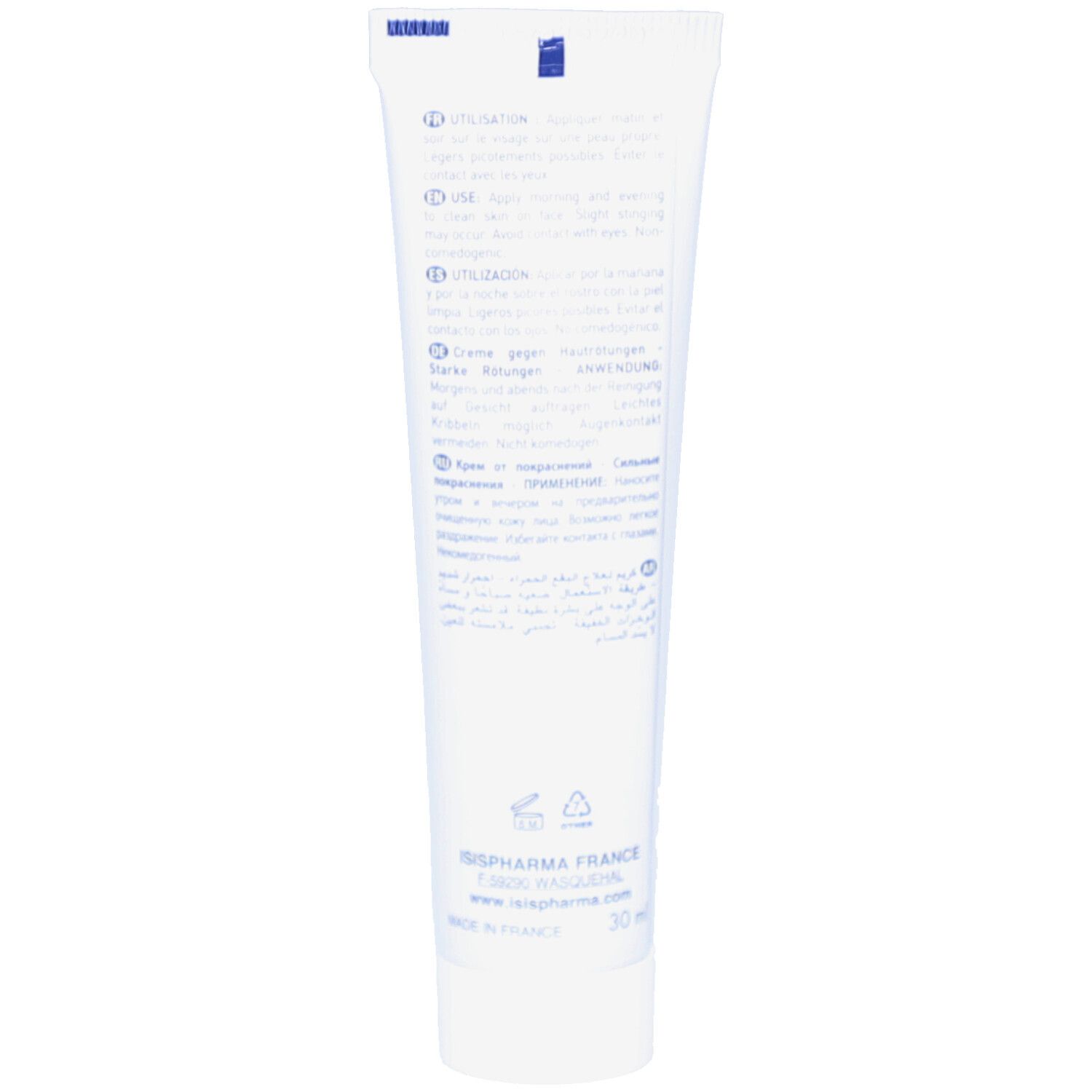 Achterkant van de crèmetube Metroruboril A.Z. van ISISPHARMA. Gebruiksinformatie in verschillende talen.
