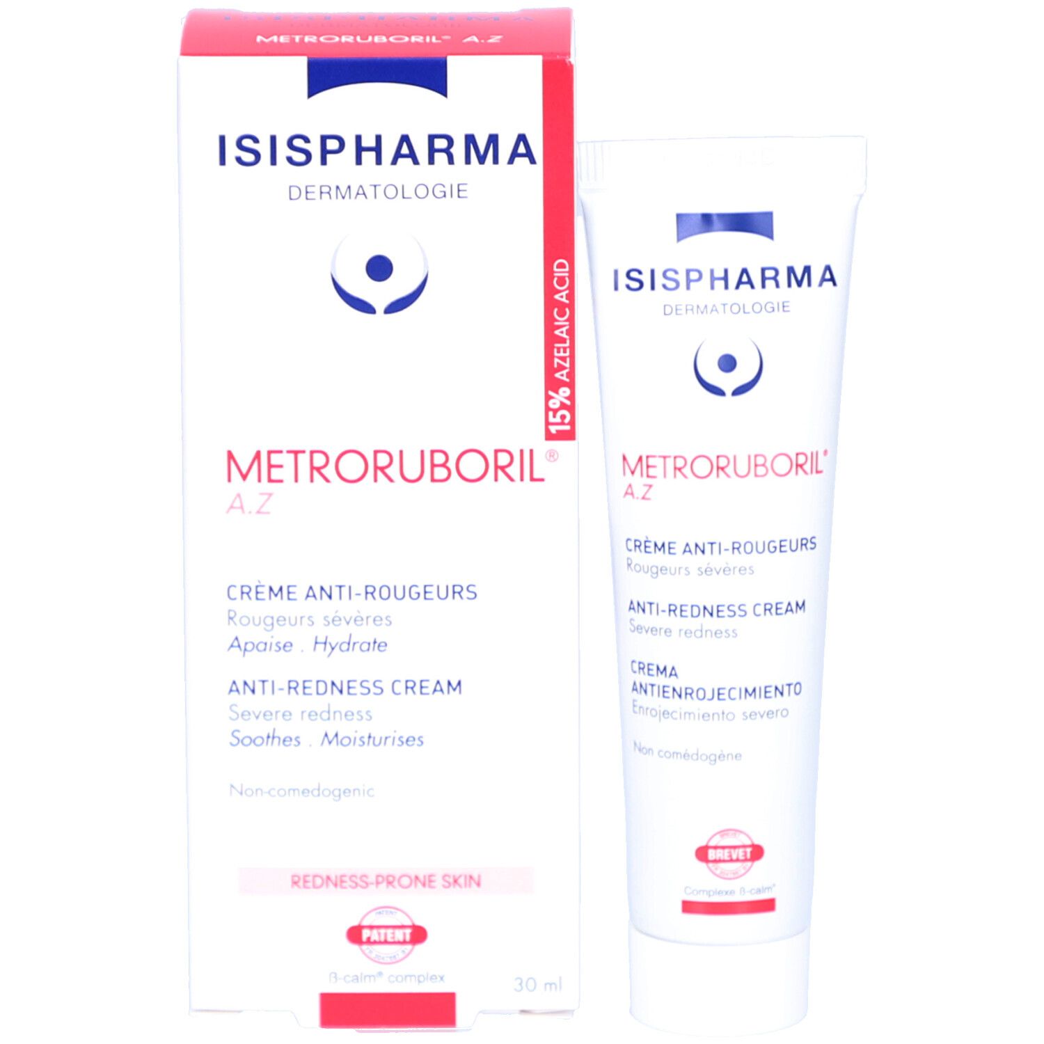 Productverpakking en tube Metroruboril A.Z. van ISISPHARMA. Verpakking met productnaam en beschrijving. Tube ernaast.