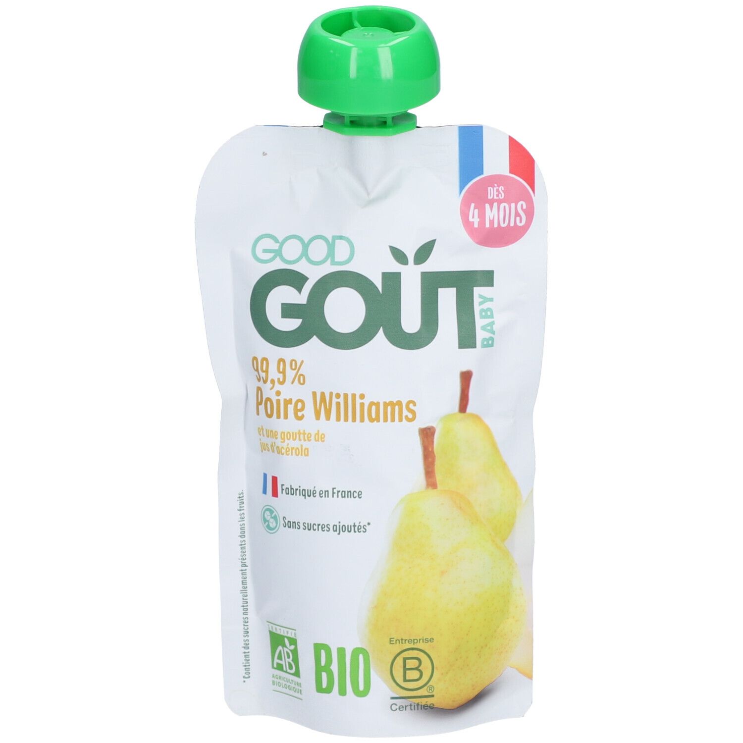 Knijpzakje met perenpuree. Opschrift: Good Goût, 99,9% Williams peer, vanaf 4 maanden. Bio-certificering.