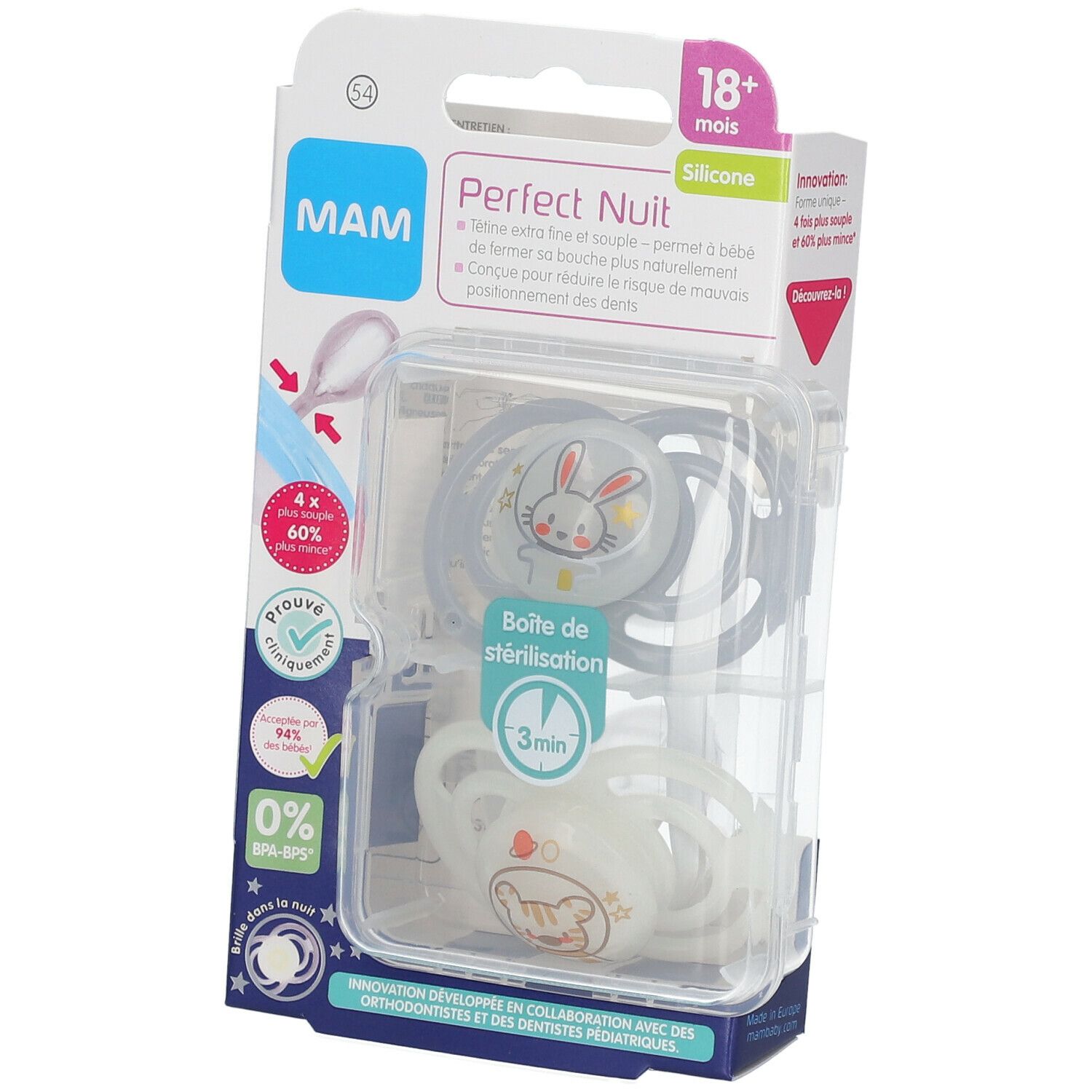 Emballage de deux sucettes MAM Perfect Nuit. Silicone, 18+ mois. Motifs lapin et ours. Boîte de stérilisation incluse.