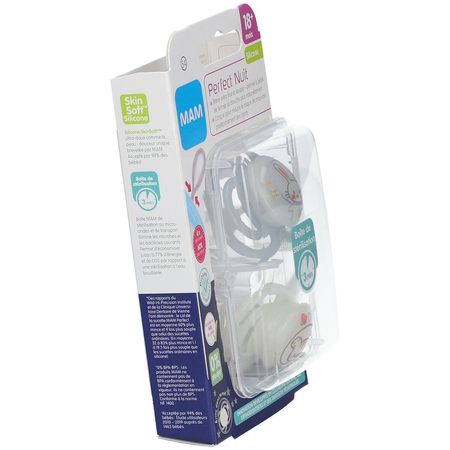 Emballage de deux sucettes MAM Perfect Nuit. Silicone, 18+ mois. Boîte de stérilisation. Vue latérale du produit.