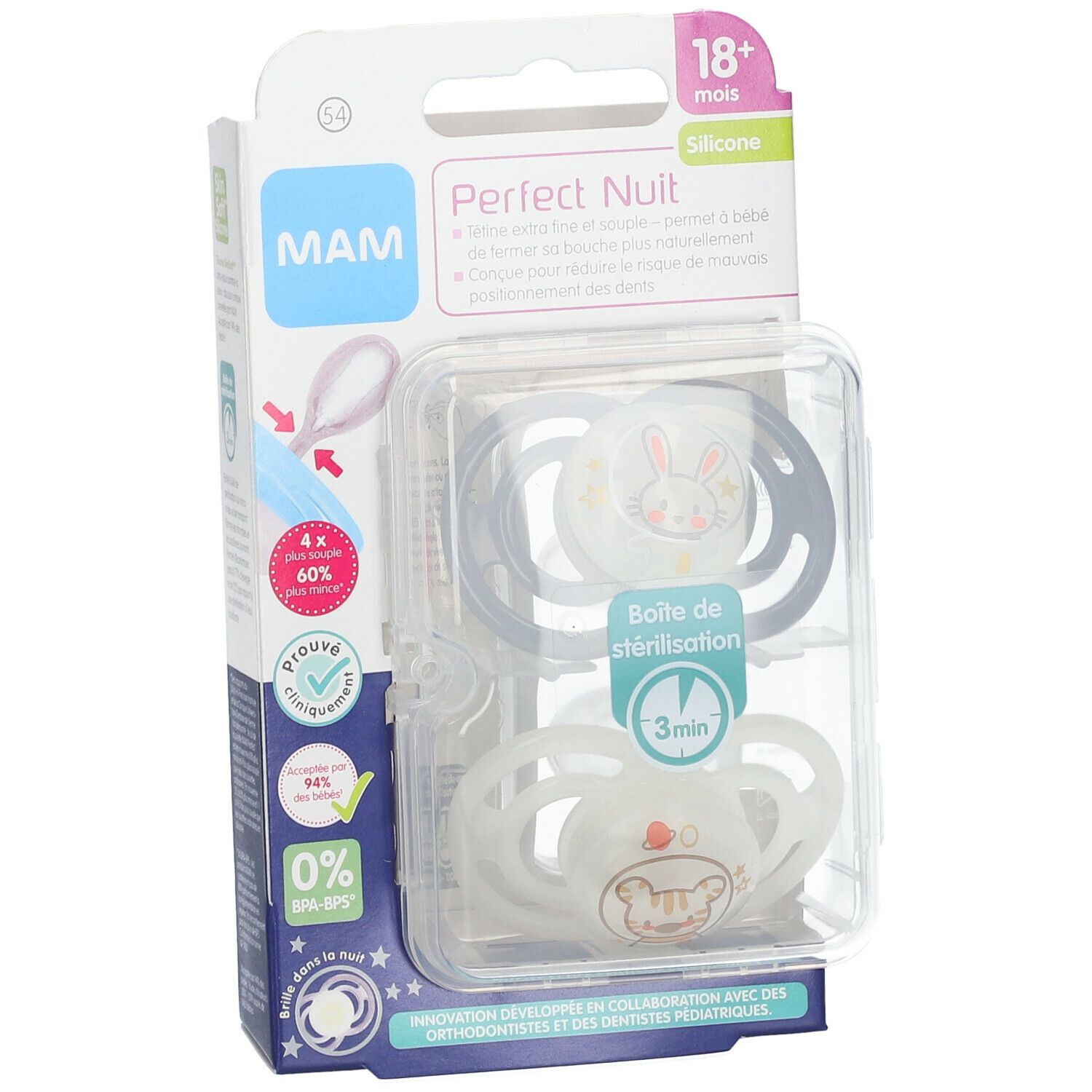 Emballage de deux sucettes MAM Perfect Nuit. Silicone, 18+ mois. Motifs lapin et ours. Boîte de stérilisation incluse.