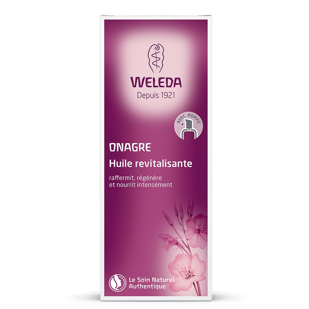 Emballage Weleda. Inscription: Onagre, Huile revitalisante. Avec pompe. Le Soin Naturel Authentique.