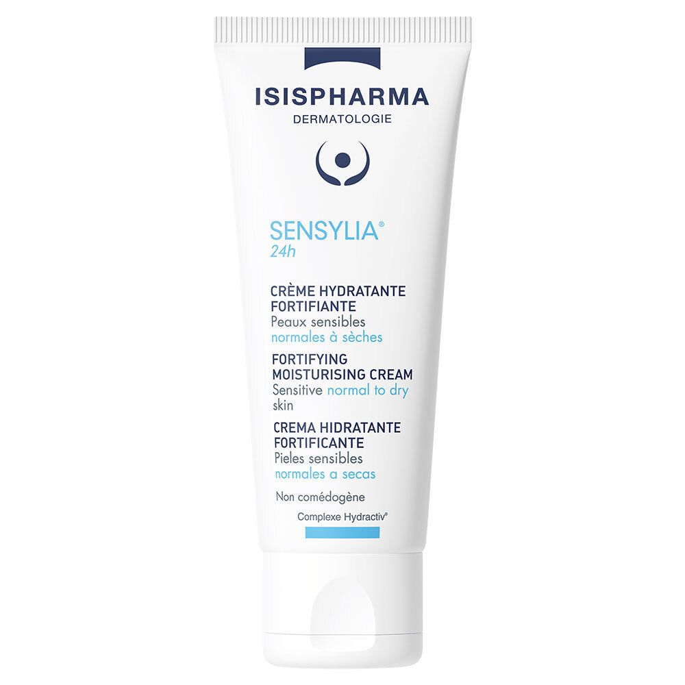 Tube blanc ISISPHARMA Sensylia 24h. Crème hydratante fortifiante pour peaux sensibles. Inscriptions multilingues.