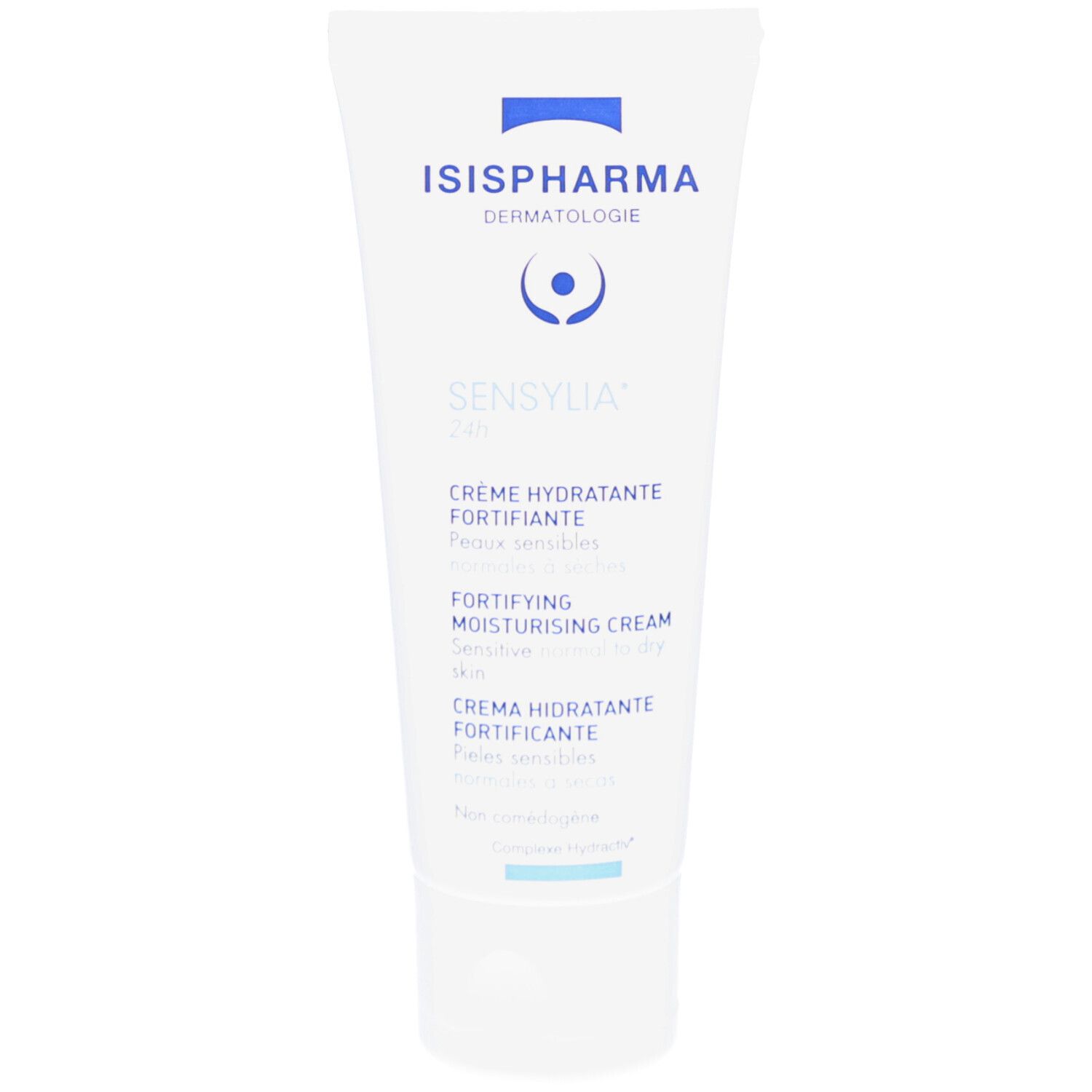 Tube blanc ISISPHARMA Sensylia 24h. Crème pour peaux sensibles. Texte multilingue.
