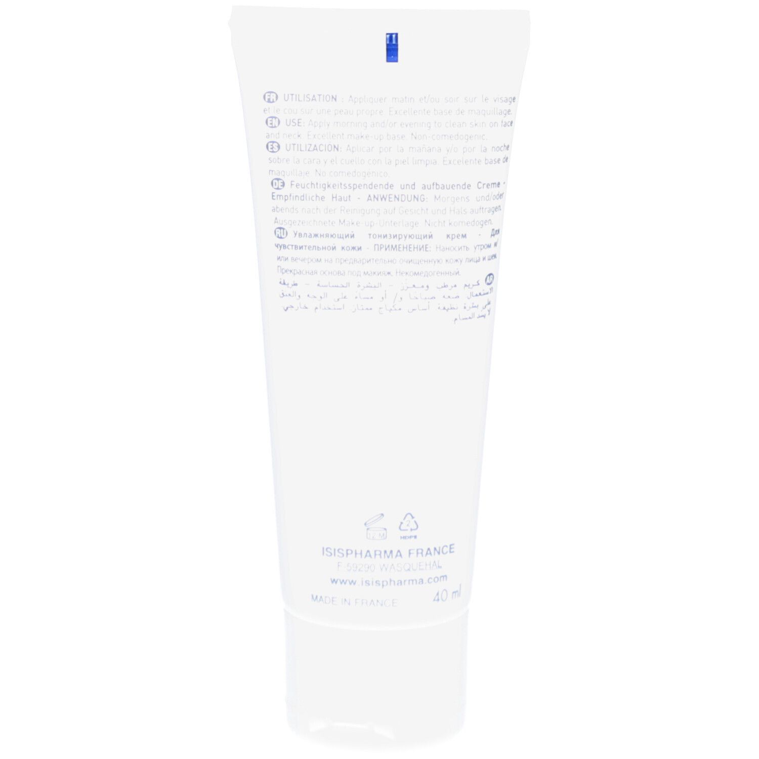 Dos du tube blanc. Texte multilingue, instructions et informations du fabricant.