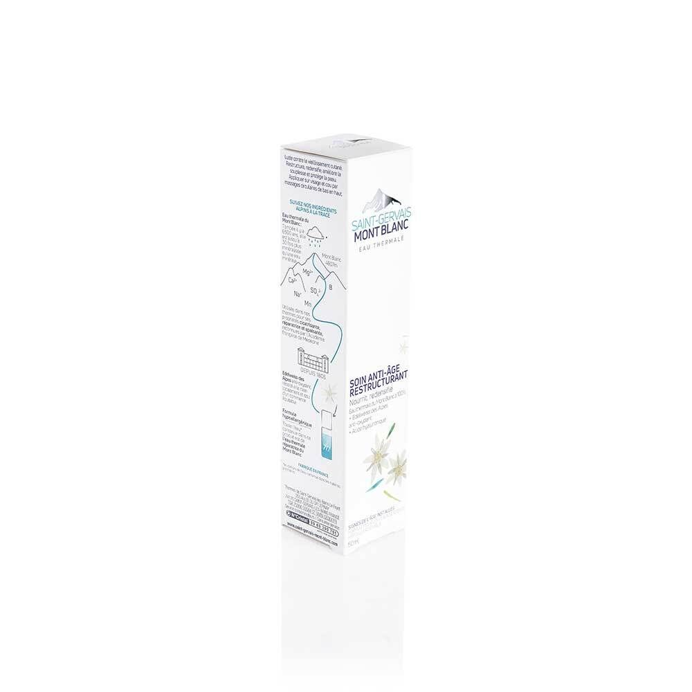Emballage du produit. Inscription: SAINT-GERVAIS MONT BLANC. Nom du produit: SOIN ANTI-ÂGE RESTRUCTURANT. 50ml.
