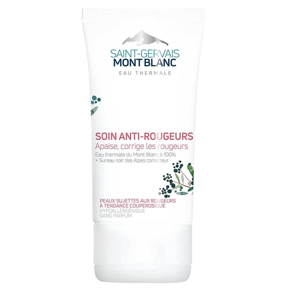 Tube blanc avec impression. Logo Saint-Gervais Mont Blanc. Texte: Soin Anti-Rougeurs. Pour peaux sensibles.