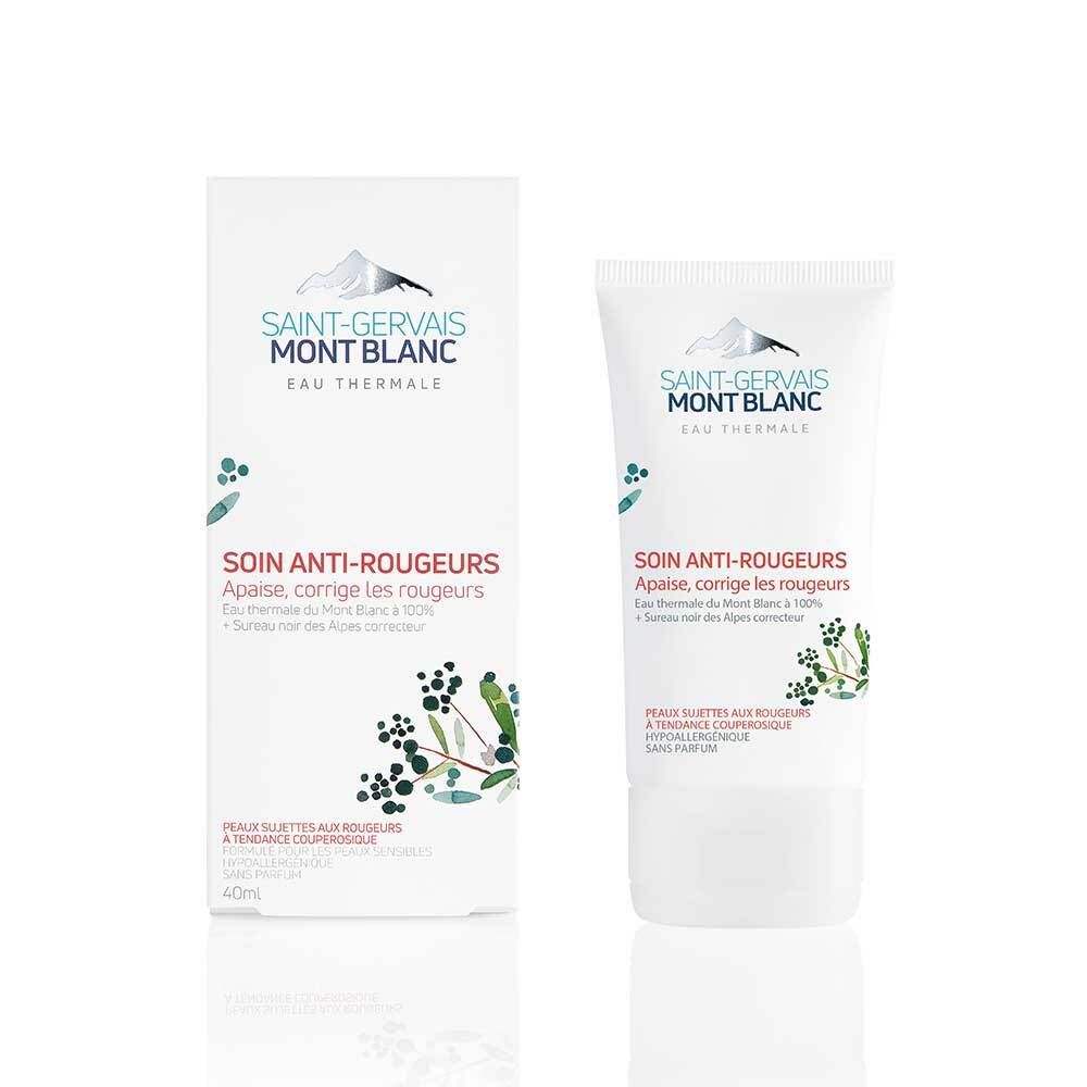 Produit et emballage. Tube et boîte blancs. Logo Saint-Gervais Mont Blanc. Texte: Soin Anti-Rougeurs.