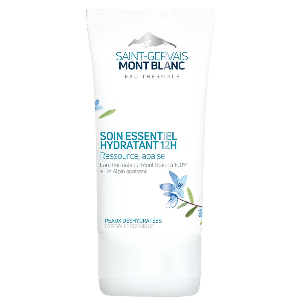 Witte tube. Opschrift: Saint-Gervais Mont Blanc. Tekst: Soin Essentiel Hydratant 12H. Voor de uitgedroogde huid.