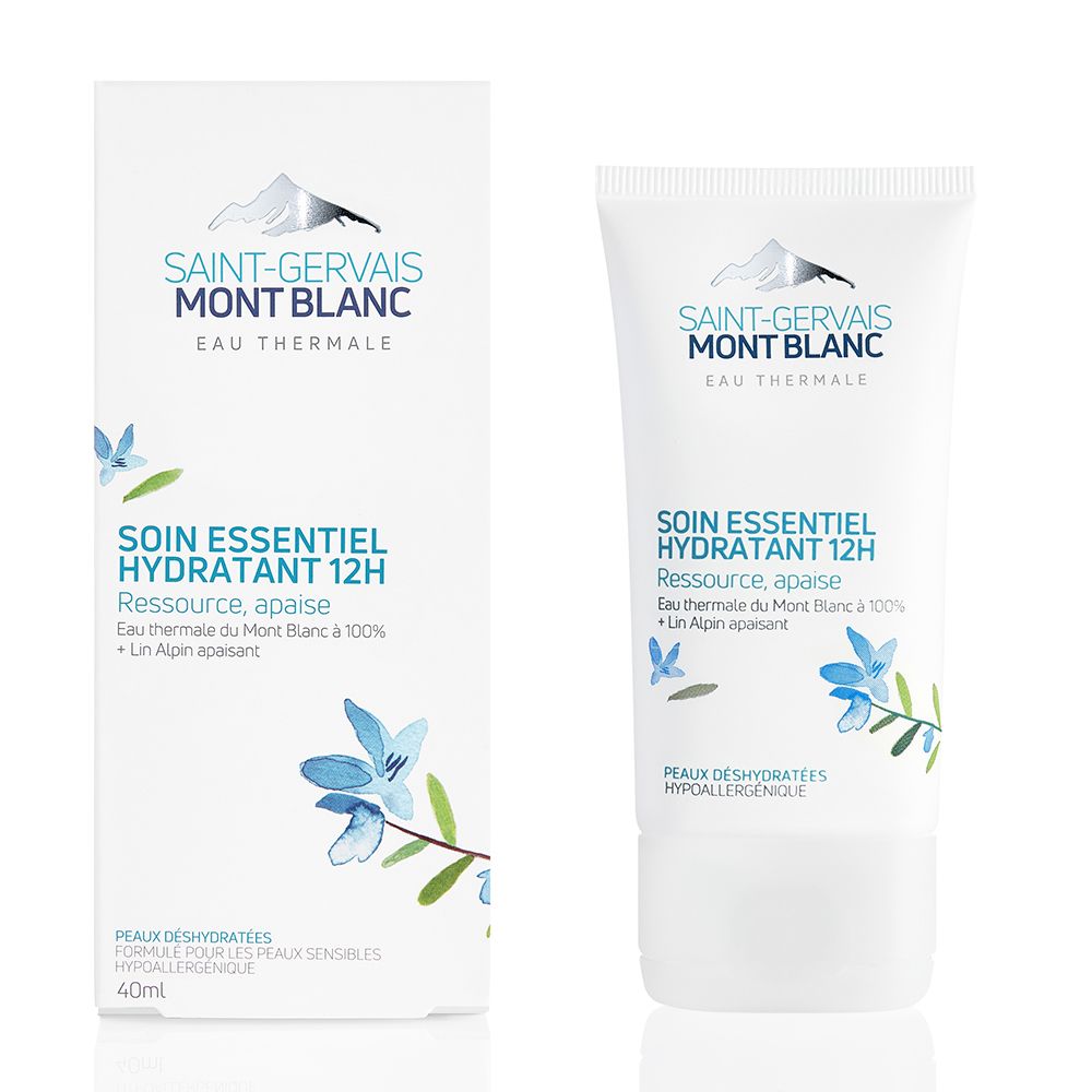 Product en verpakking. Opschrift: Saint-Gervais Mont Blanc. Tekst: Soin Essentiel Hydratant 12H. Voor de uitgedroogde huid. 40ml.