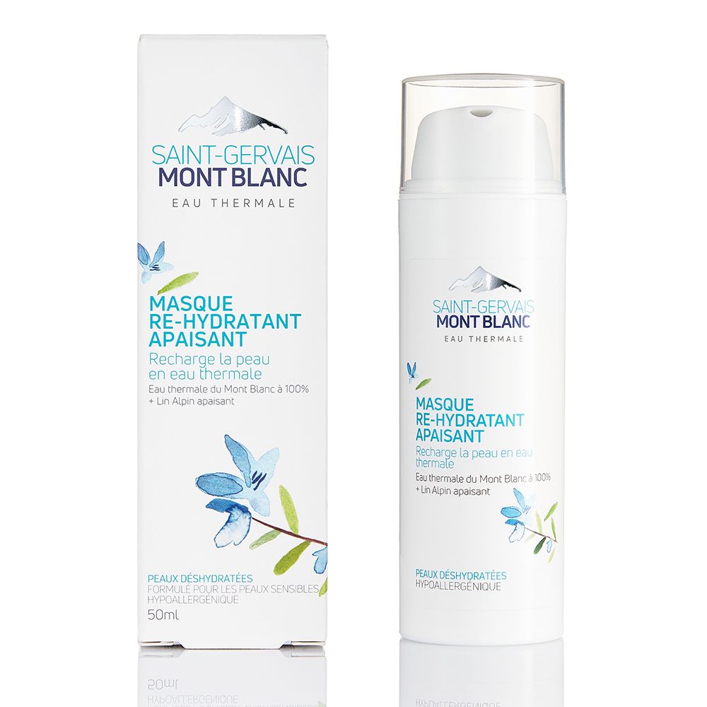 Produit et emballage. Flacon et boîte blancs avec logo SAINT-GERVAIS. Texte: Masque Ré-hydratant Apaisant.