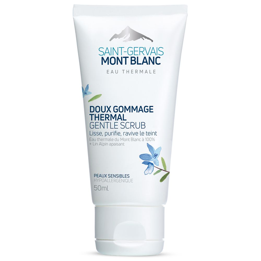 Tube blanc avec impression bleue. Texte: SAINT-GERVAIS MONT BLANC, DOUX GOMMAGE THERMAL GENTLE SCRUB. 50ml.