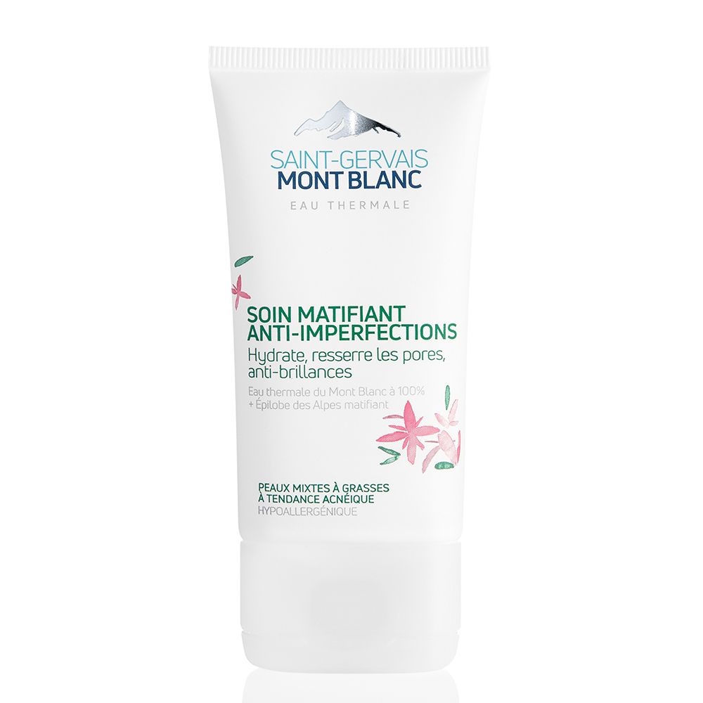 Witte tube Saint Gervais MONT BLANC Anti-Imperfections. Tekst: Soin Matifiant Anti-Imperfections. Hydrateert, verfijnt poriën.