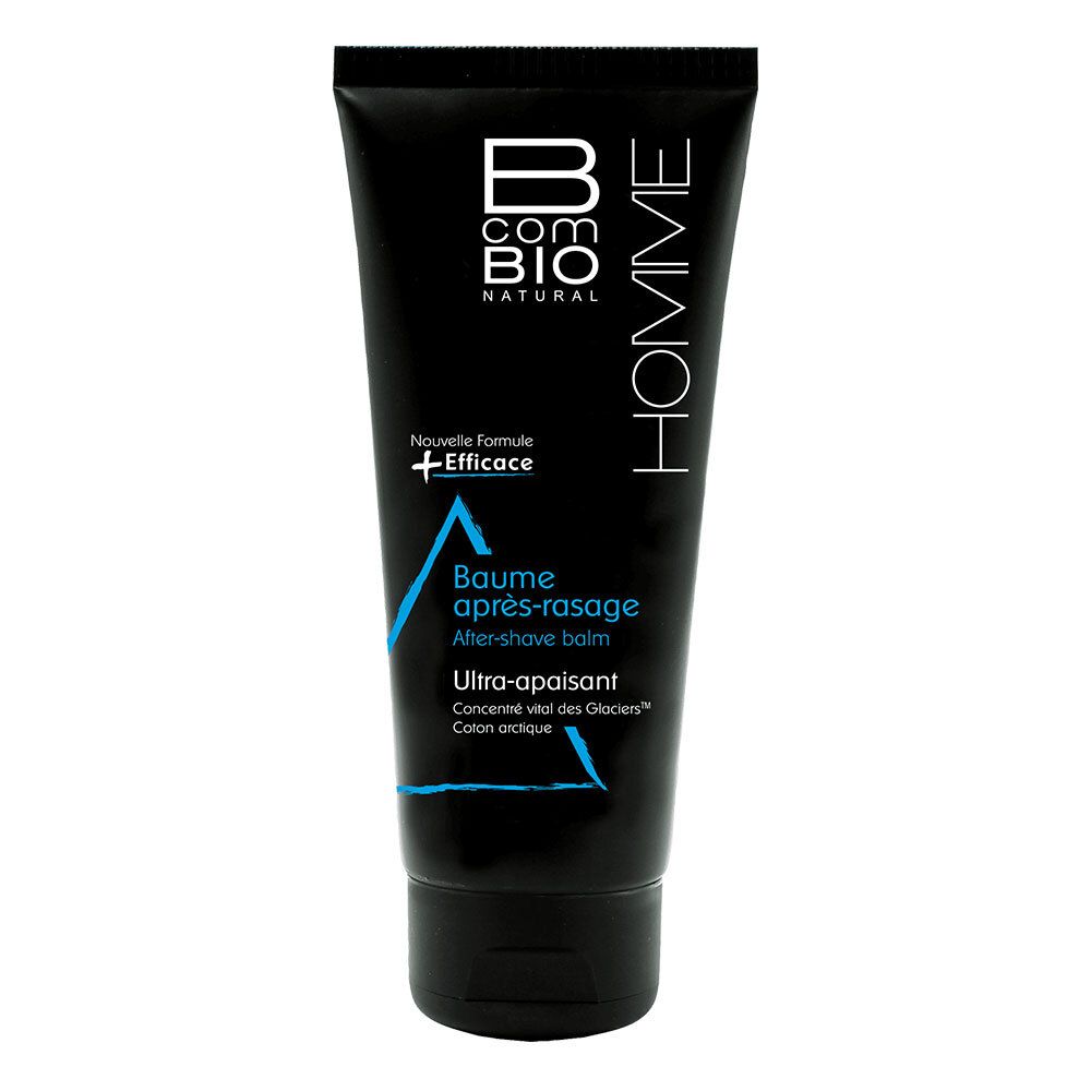 Tube noir avec logo et texte bleus. "B COM BIO HOMME" et "Baume après-rasage" sont visibles.