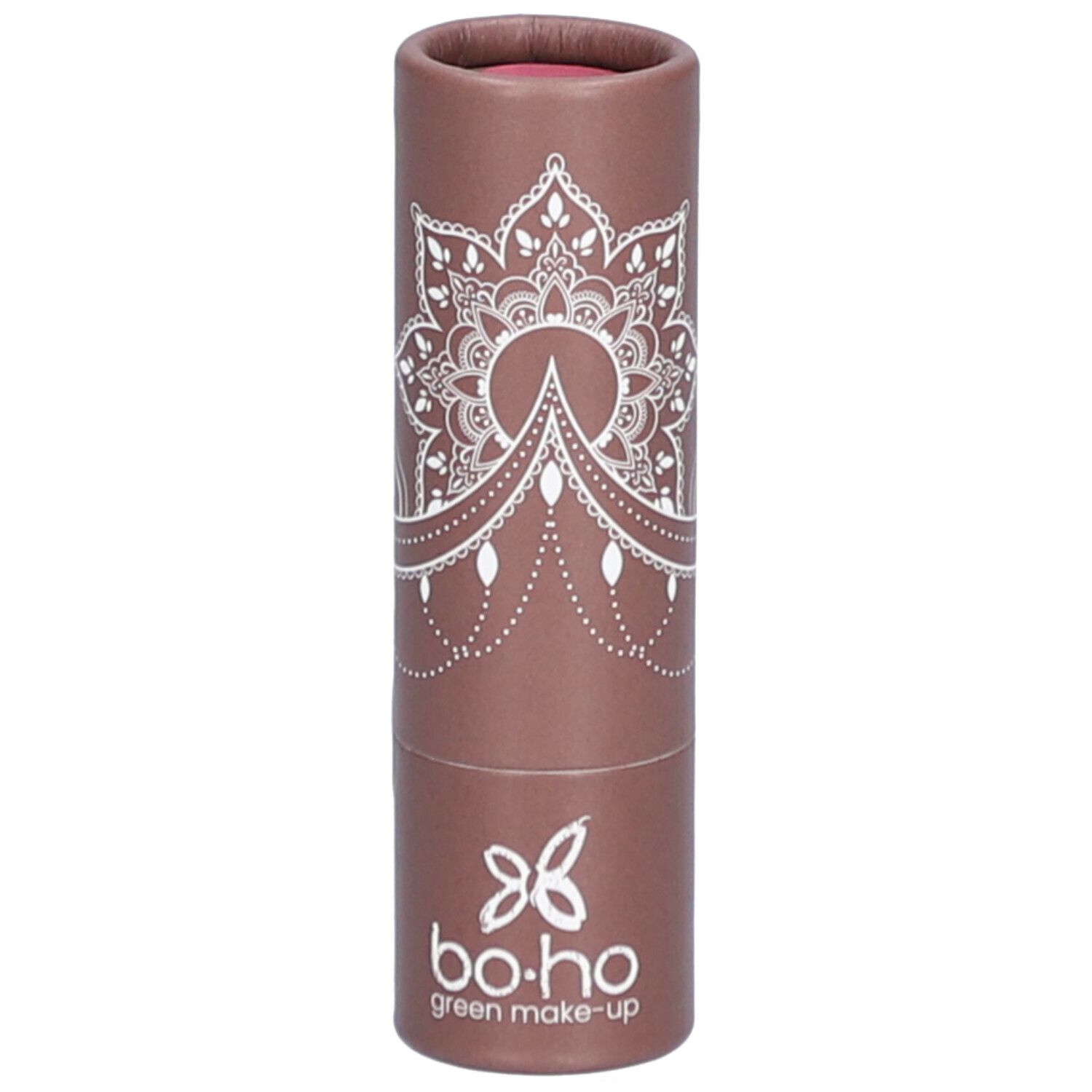 Cilindrische verpakking. Bruine huls met wit mandala-patroon en logo. Roze lipstick zichtbaar bovenaan.