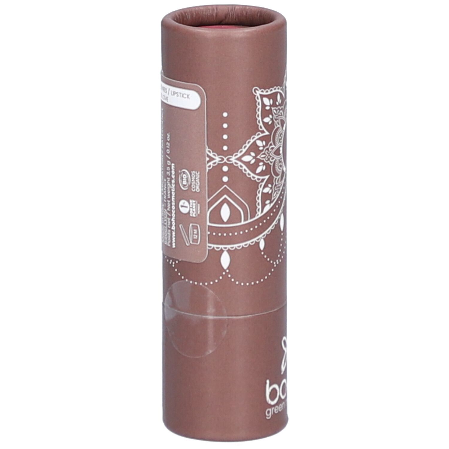 Cilindrische verpakking. Bruine huls met wit mandala-patroon en logo. Label met tekst en barcode.