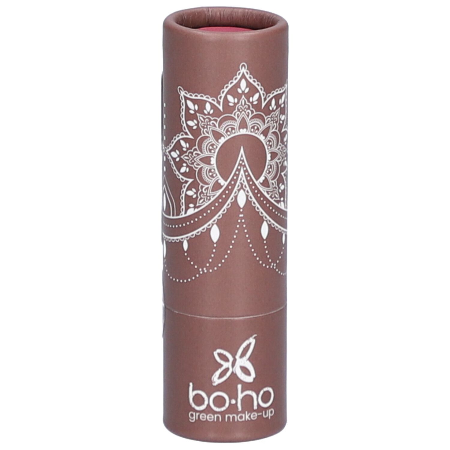 Cilindrische verpakking. Bruine huls met wit mandala-patroon en logo. Roze lipstick zichtbaar bovenaan.