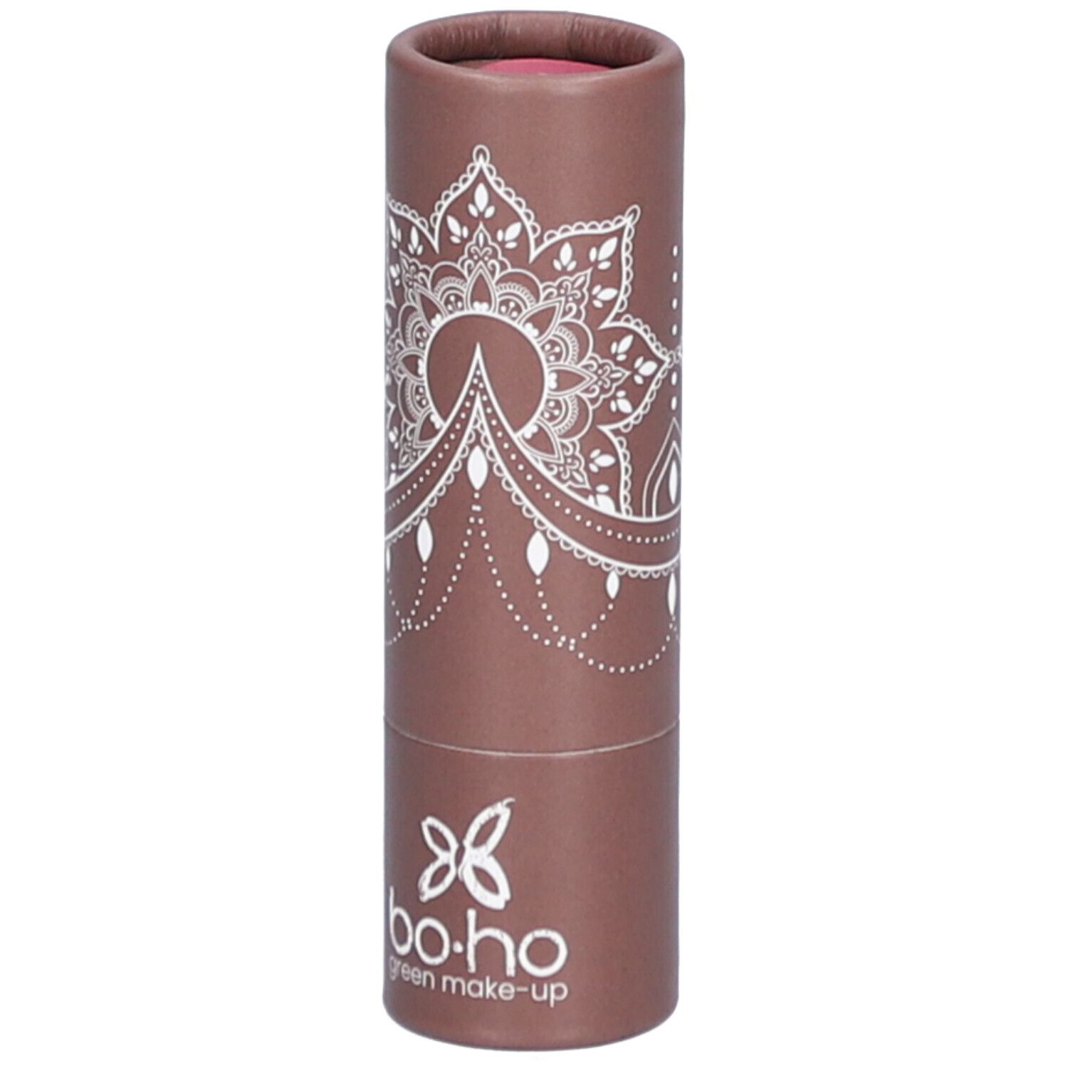 Cilindrische verpakking. Bruine huls met wit mandala-patroon en logo. Roze lipstick zichtbaar bovenaan.