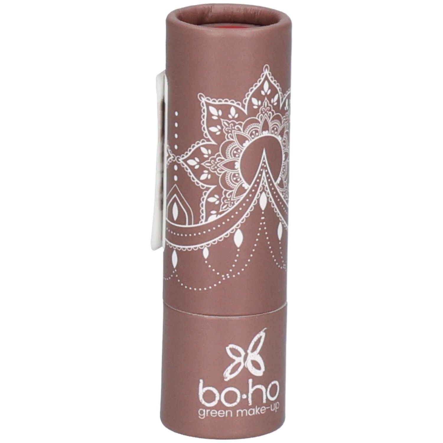 Lippenstift in bruine kartonnen verpakking. Wit mandala patroon. Merk: bo.ho green make-up.
